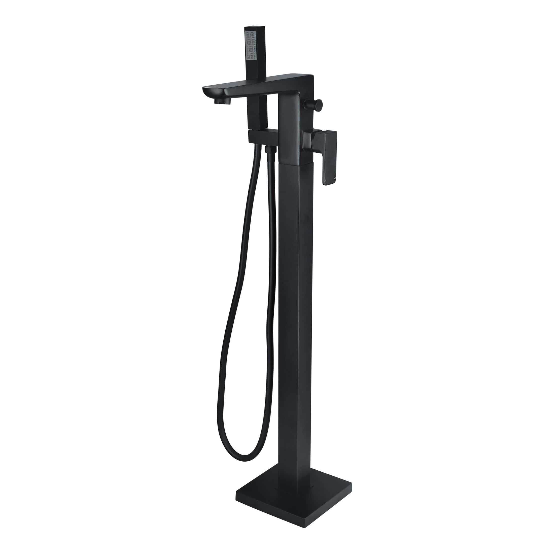 Black freestanding bathroom shower panel with handheld showerhead and modern design.