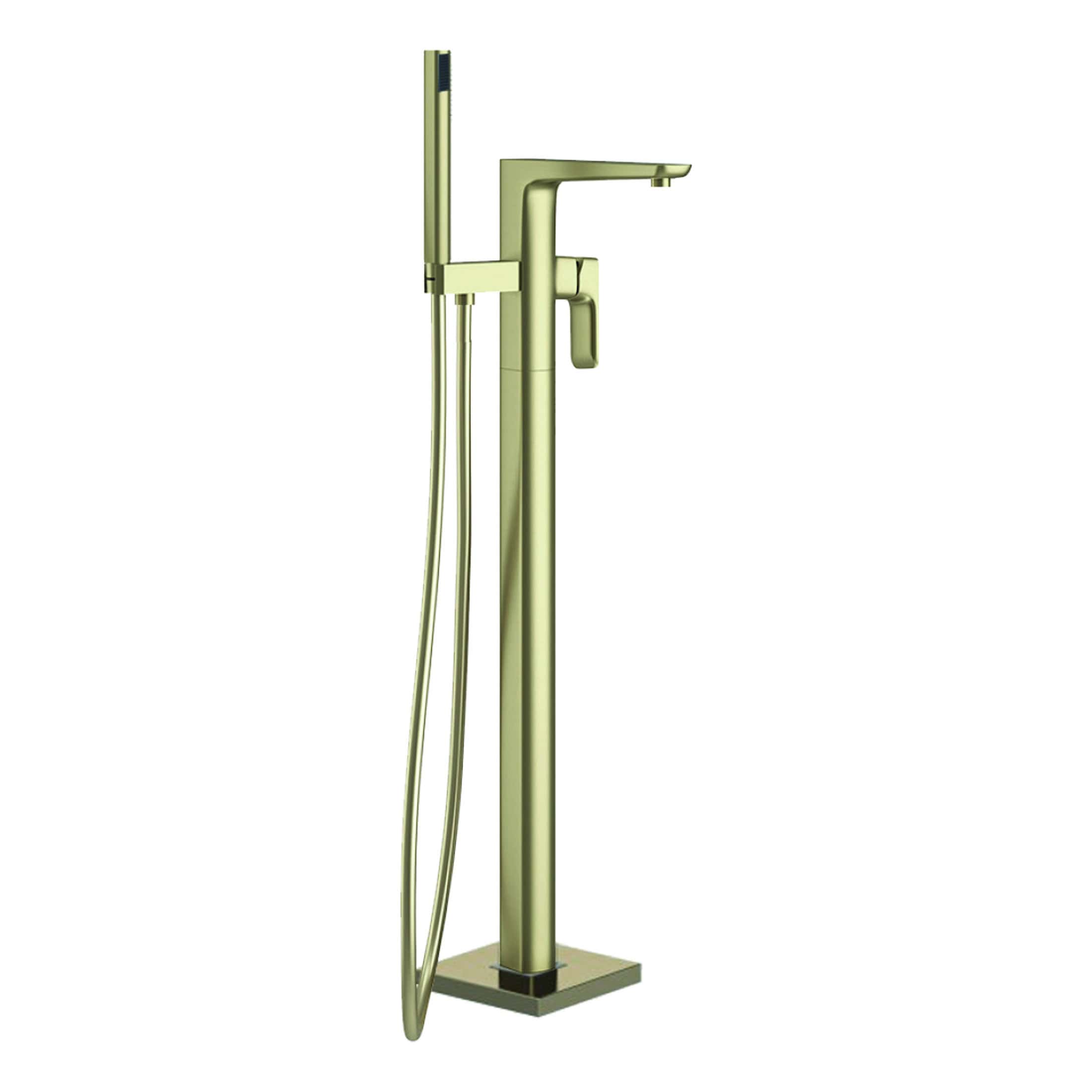 Sleek modern freestanding bathroom tap with handheld shower head in gold finish, ideal for luxurious bathrooms and bath tub installations.