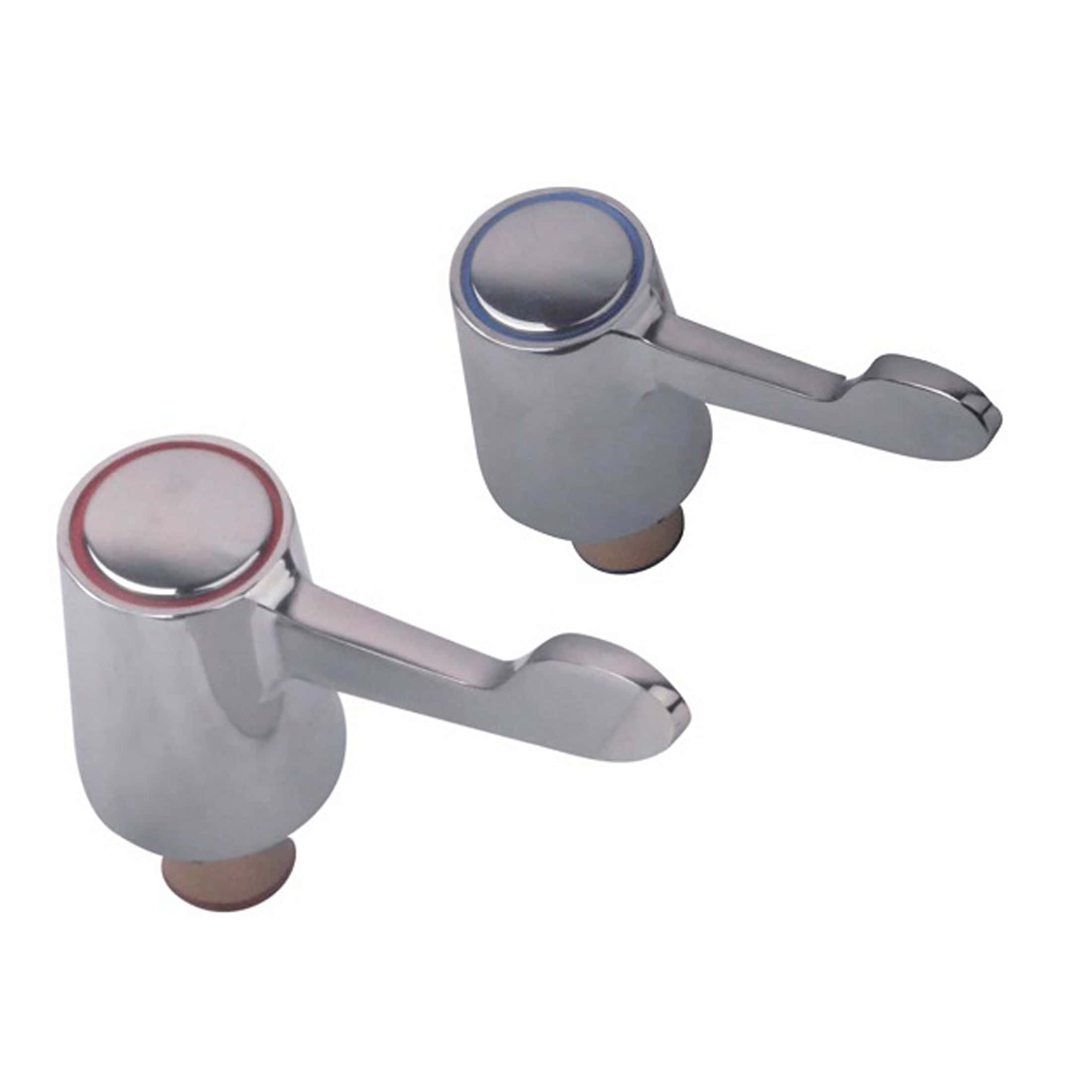 Chrome finish bathroom tap handles with colour-coded indicators for hot and cold water. Sleek design ideal for modern bathroom fixtures. High-quality materials for durability and style. Perfect for revitalising your bathroom taps.
