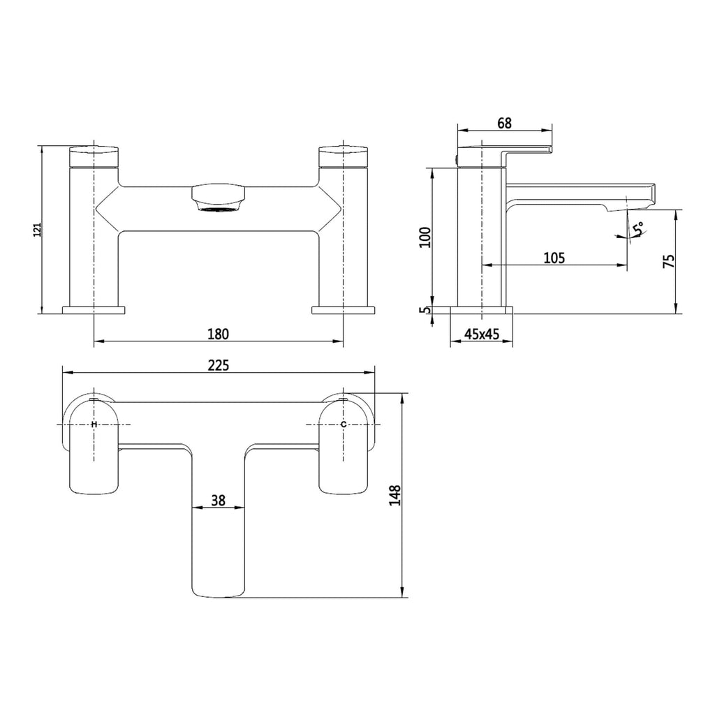 High-quality technical drawing of a modern bathroom sink with precise measurements and specifications for installation. Features detailed front, side, and top views of the sink.