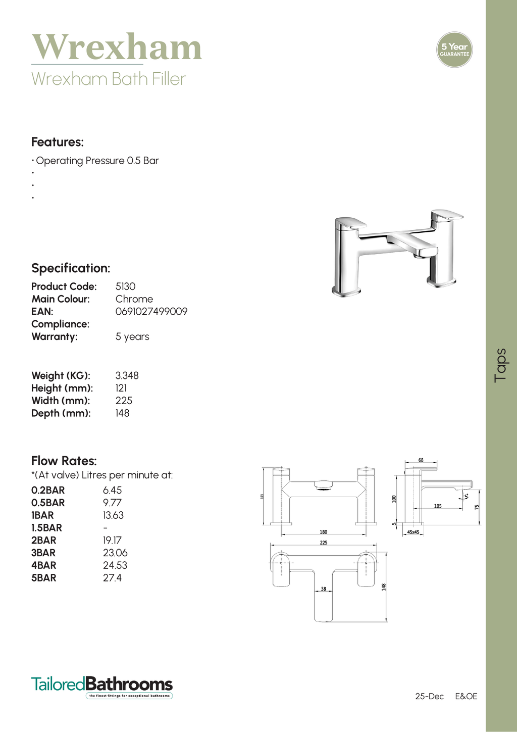 Tailored Wrexham Bath Filler Tap - specification sheet with technical drawing and dimensions