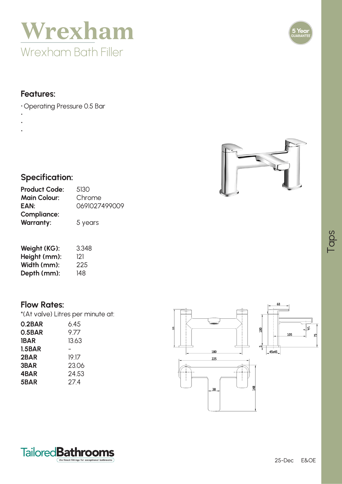 Tailored Wrexham Bath Filler Tap - specification sheet with technical drawing and dimensions