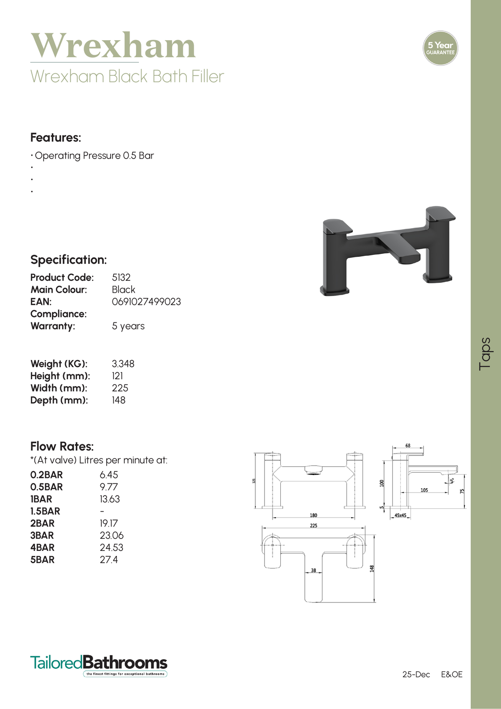 Tailored Wrexham Bath Filler Tap - specification sheet with technical drawing and dimensions