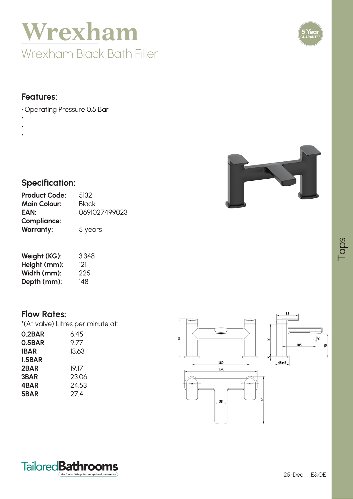 Tailored Wrexham Bath Filler Tap - specification sheet with technical drawing and dimensions