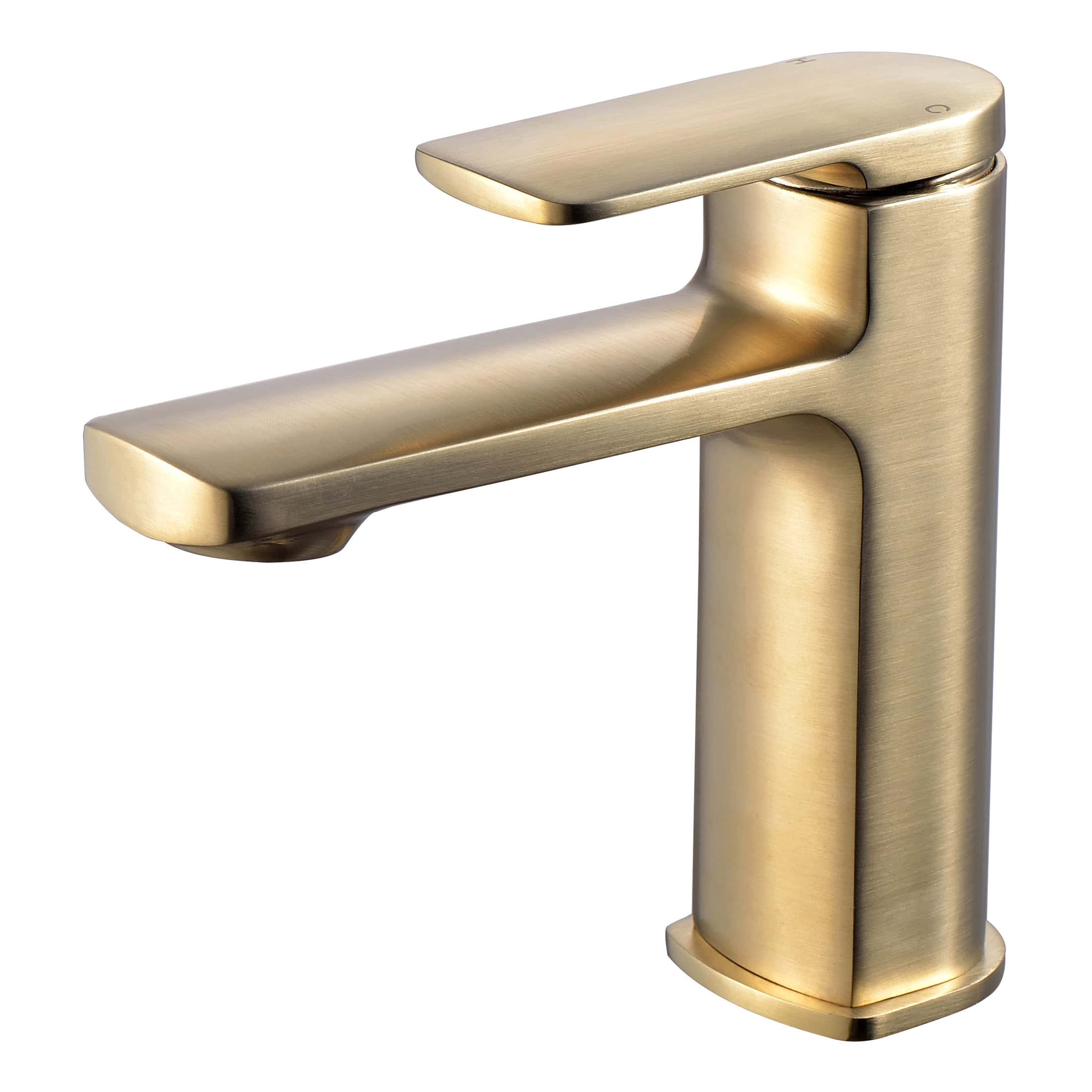 Sleek gold brushed bathroom sink faucet with modern minimalist design, perfect for contemporary bathroom setups and luxury fixtures.