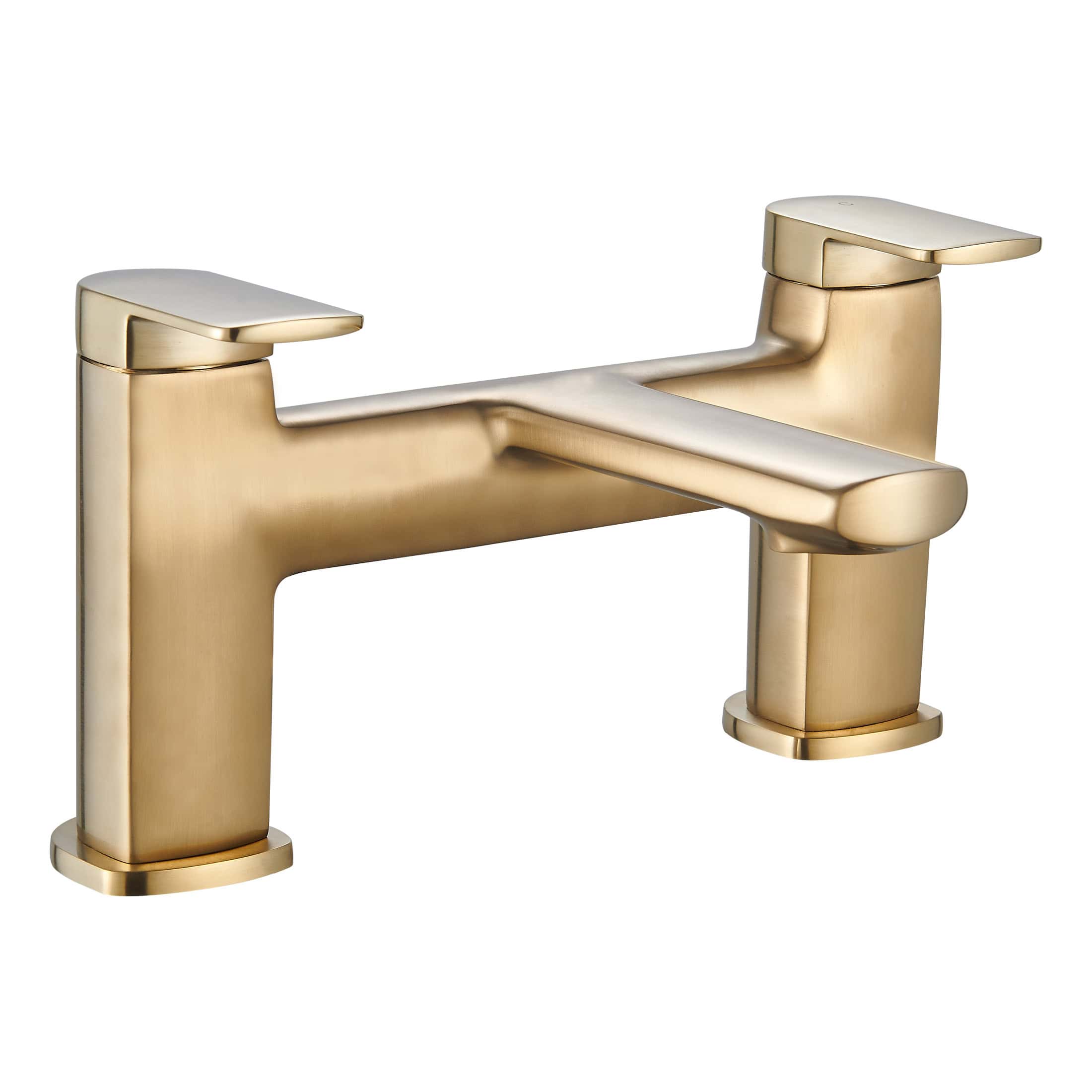 Polished gold bathroom mixer tap, modern design, with dual lever handles, ideal for luxury bathrooms, durable brass construction, high-quality fittings, and elegant finish for stylish bathroom decor.