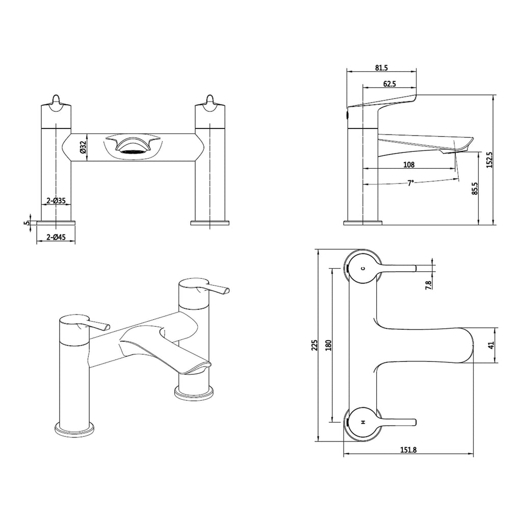 High-quality technical drawings of Bubly Bathrooms kitchen and bathroom taps, showcasing detailed measurements and design features for efficient installation and style.