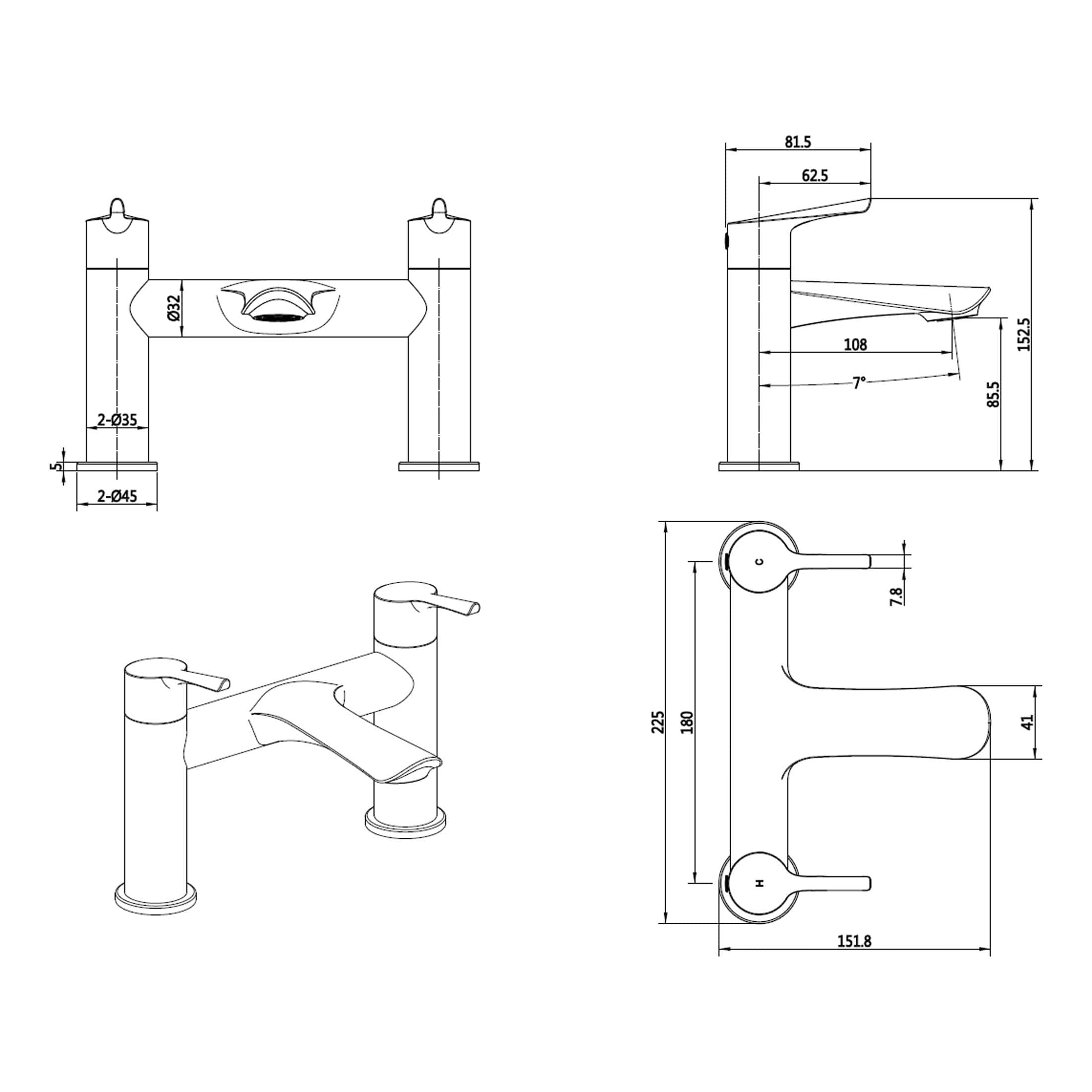 High-quality technical drawings of Bubly Bathrooms kitchen and bathroom taps, showcasing detailed measurements and design features for efficient installation and style.