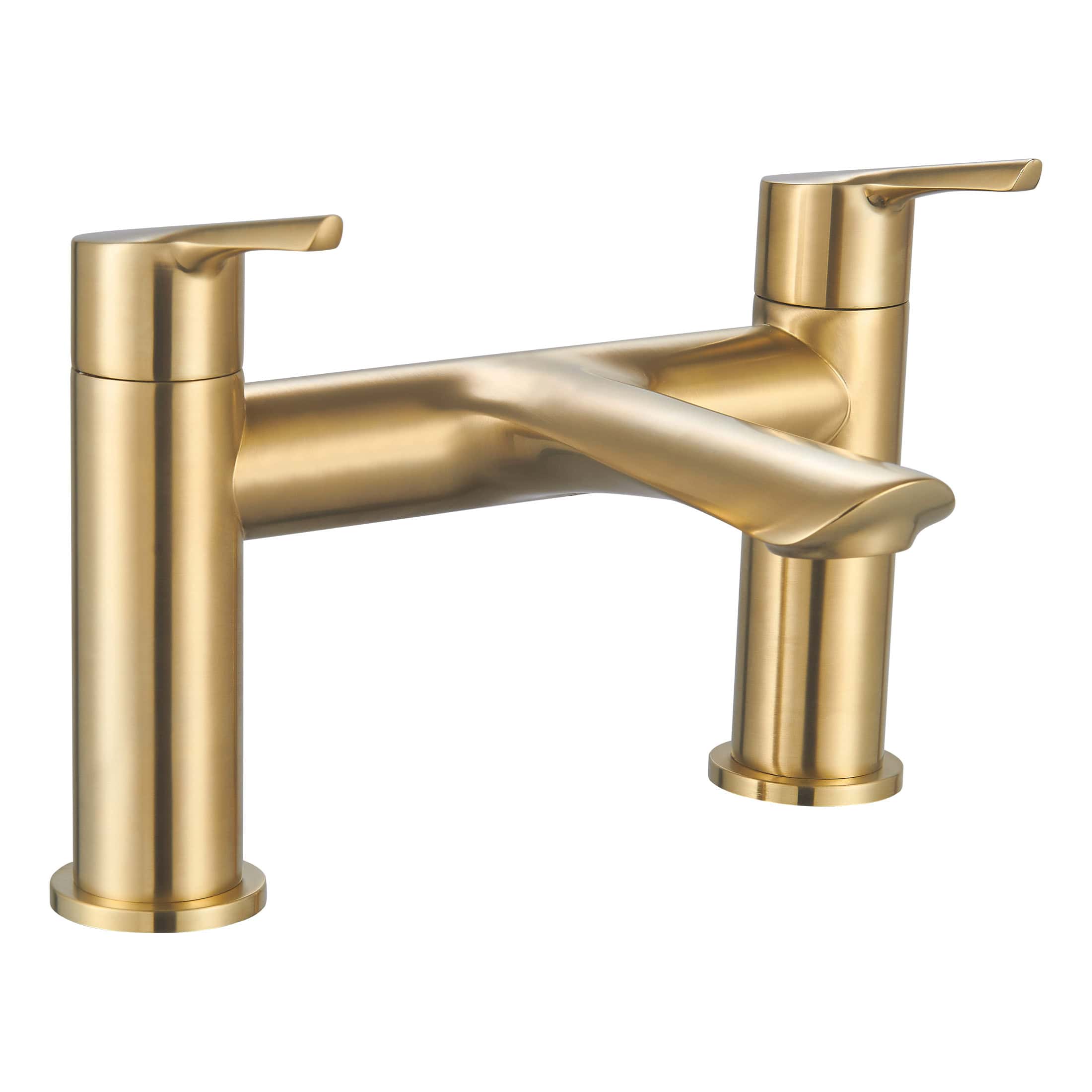 Polished gold bathroom sink tap with a modern double lever design, ideal for contemporary bathroom decoration. Durable brass construction with smooth surface finish for a stylish look.