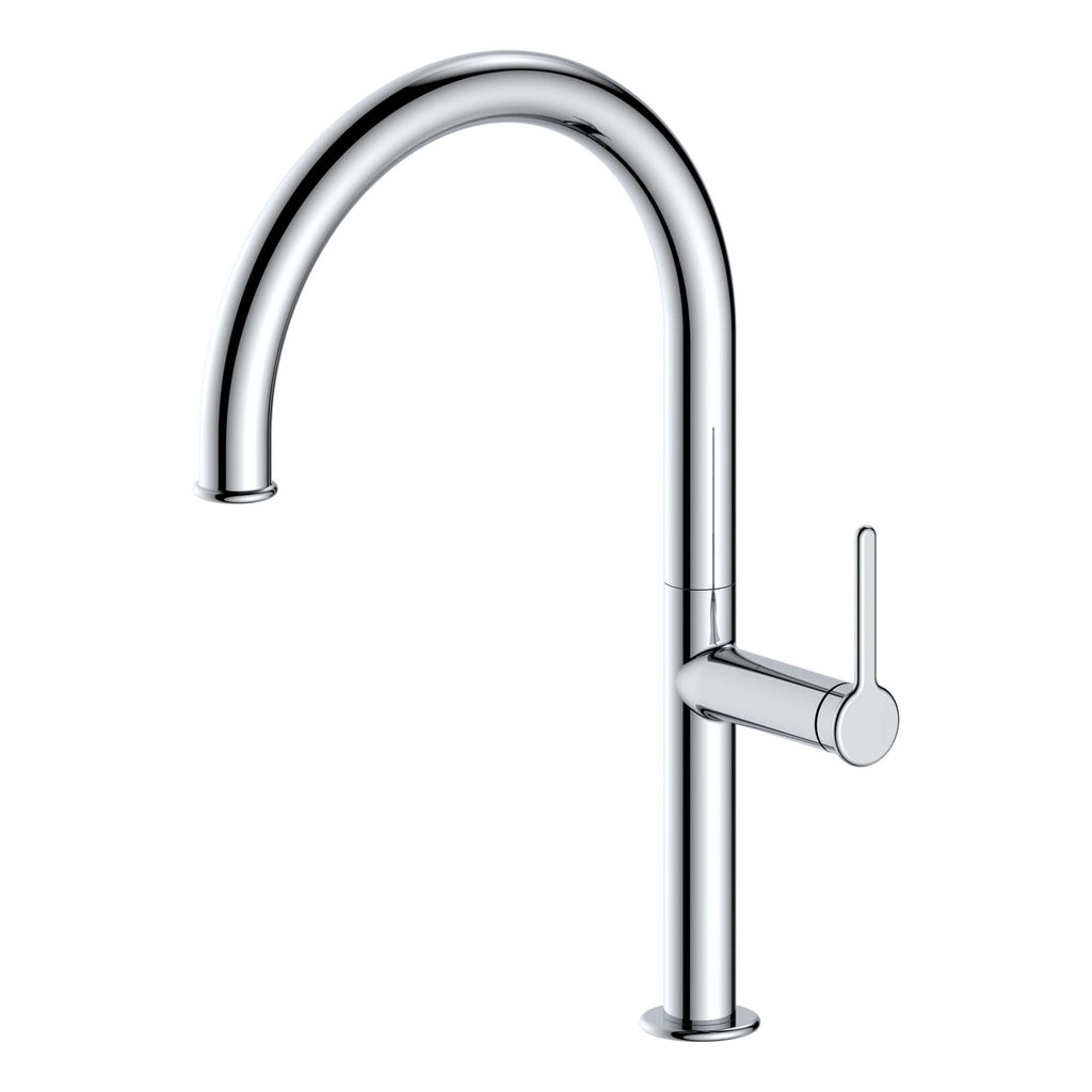 Shiny chrome kitchen or bathroom tap with modern design and single lever for temperature control.