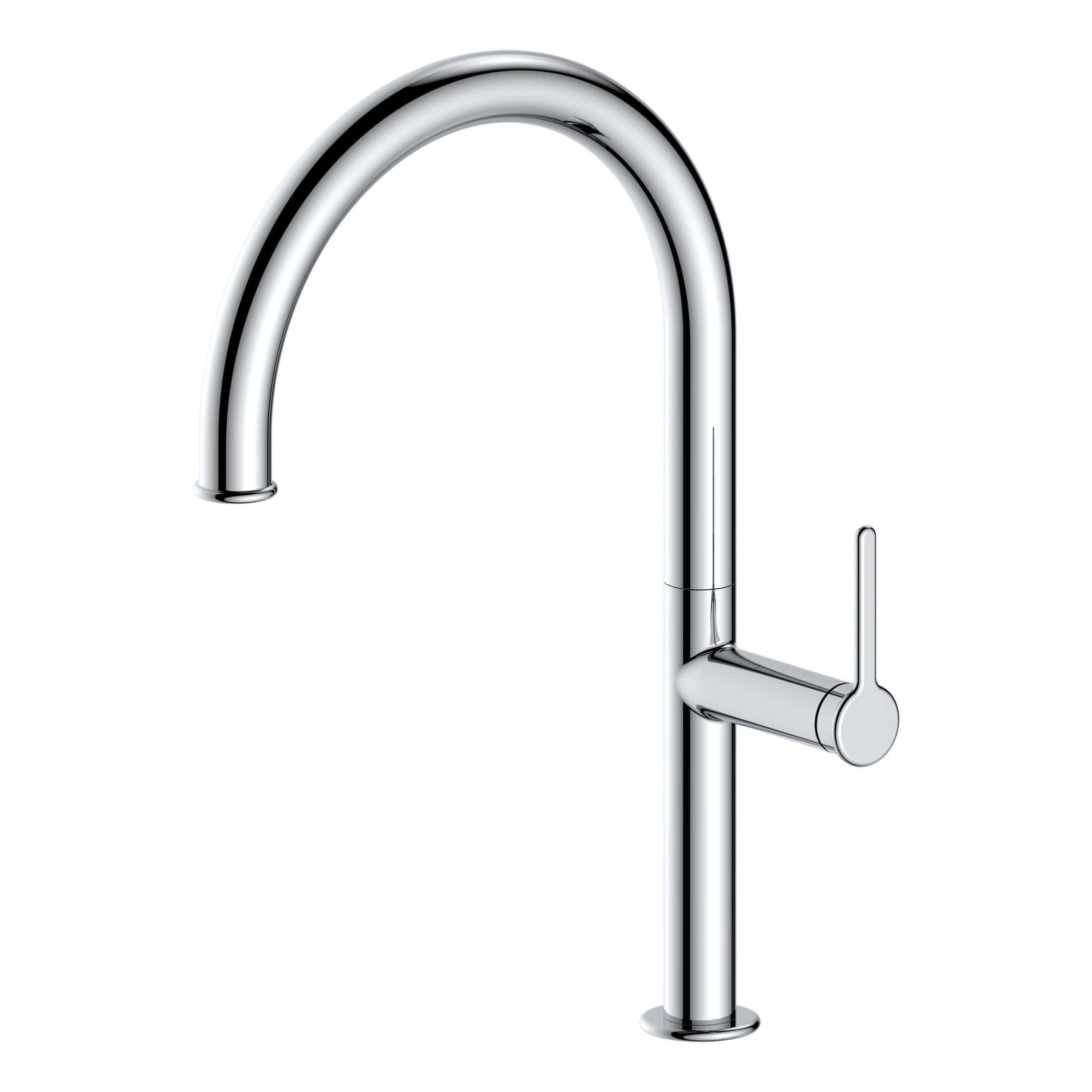 Shiny chrome kitchen or bathroom tap with modern design and single lever for temperature control.