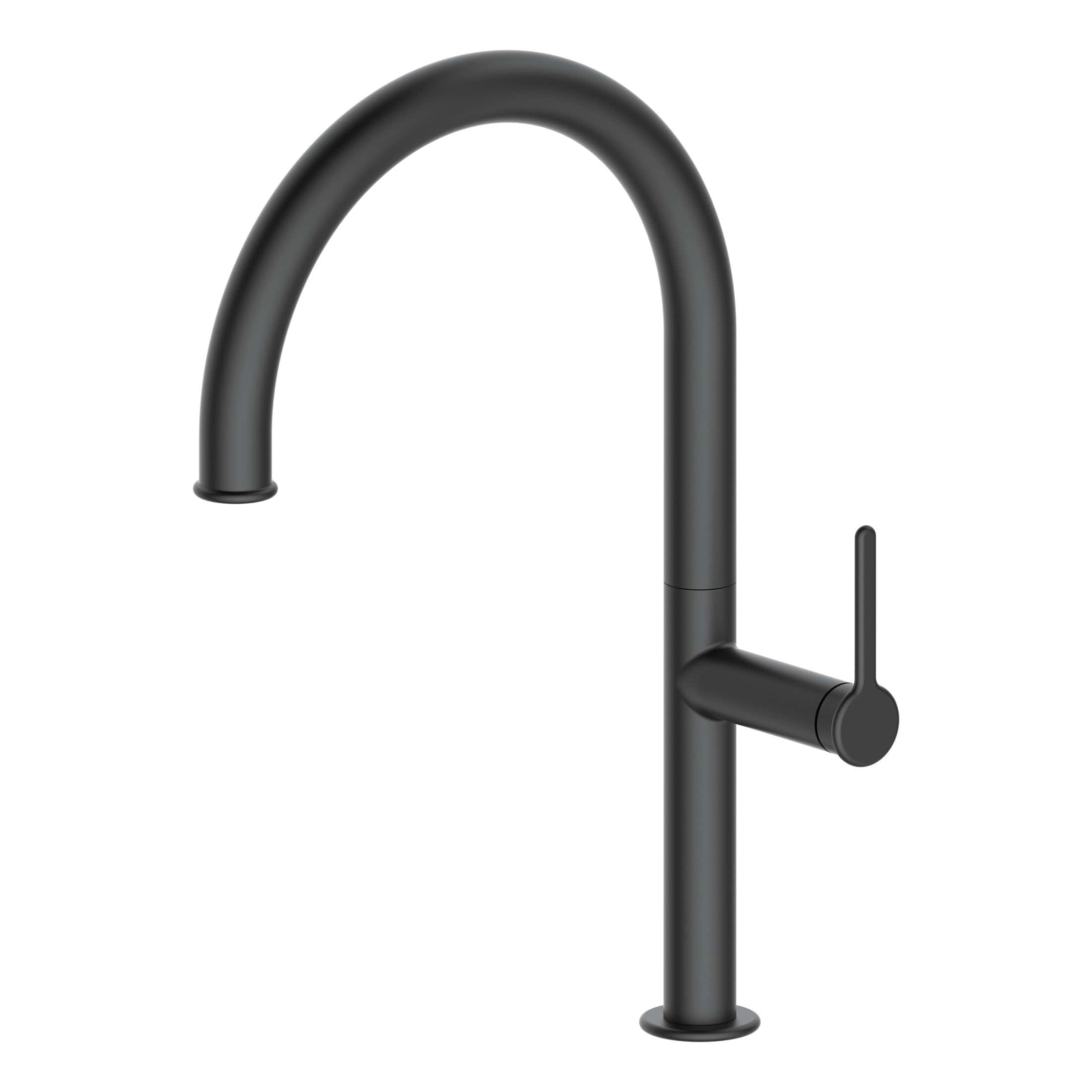 Sleek black kitchen faucet with high arc spout and single lever handle for modern bathroom or kitchen sink setups. Durable matte finish and easy operation.