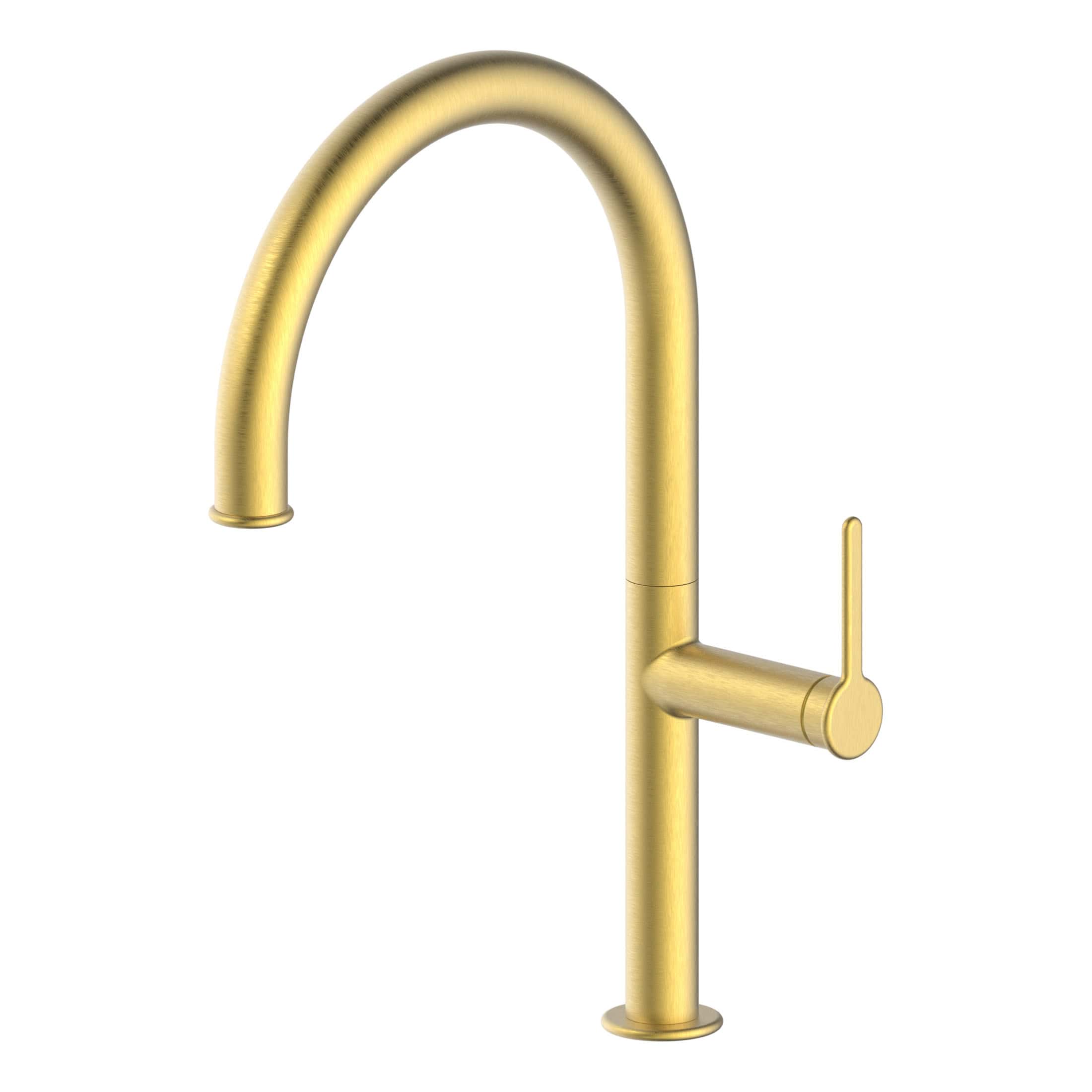 Sleek gold kitchen or bathroom faucet with modern design, featuring a curved spout and single lever handle for easy control. Perfect for contemporary interiors.