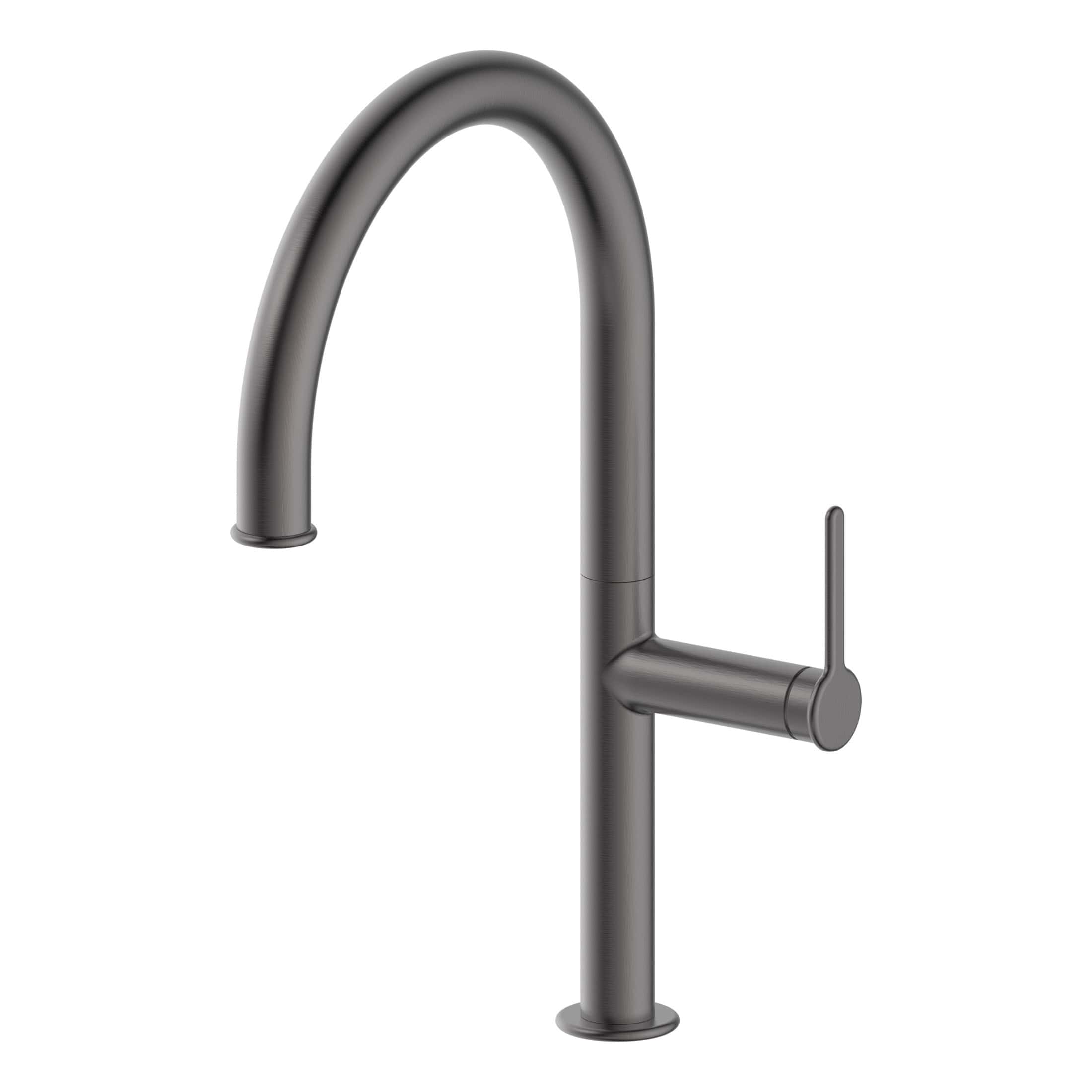 Brushed nickel modern kitchen or bathroom tap with high-arc spout and single lever handle, stylishly designed for contemporary bathroom or kitchen sink setups.