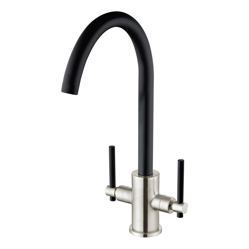 Modern black and stainless steel kitchen tap with dual handles and high arched spout, designed for sleek and functional bathroom or kitchen sink upgrades.
