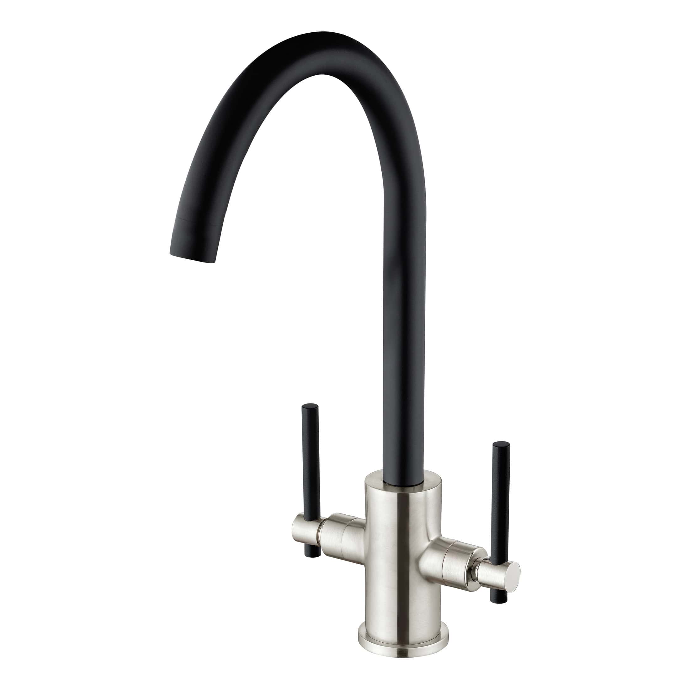 Modern black and stainless steel kitchen tap with dual handles and high arched spout, designed for sleek and functional bathroom or kitchen sink upgrades.