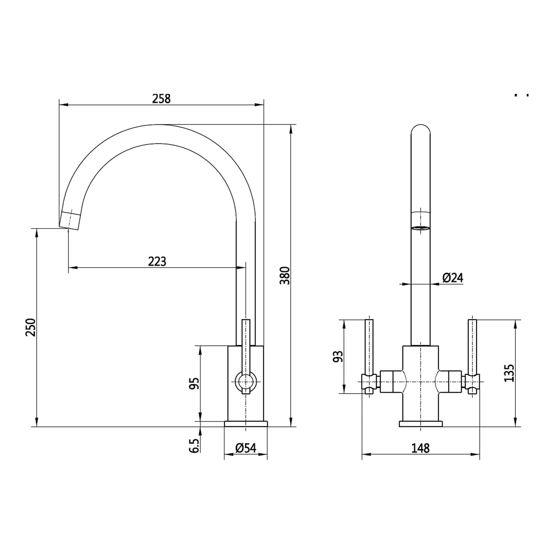 Sleek modern kitchen tap with high arc spout and dual handles, ideal for contemporary bathroom or kitchen sink renovation, featuring precise measurements for installation.