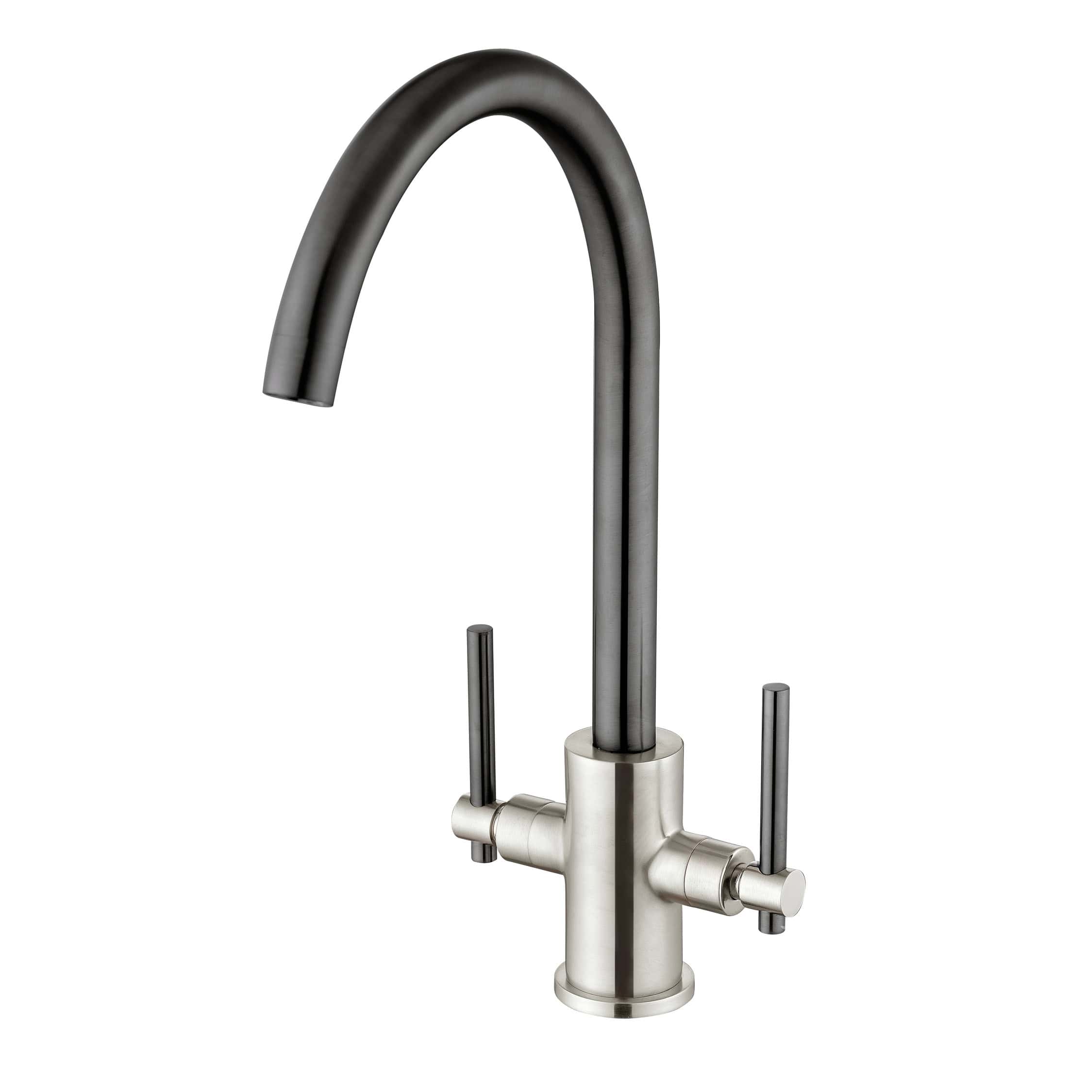 Sleek black and silver kitchen mixer tap with dual handles, modern design, ideal for contemporary bathrooms or kitchens. Perfect for upgrading your plumbing fixtures with stylish, high-quality hardware.