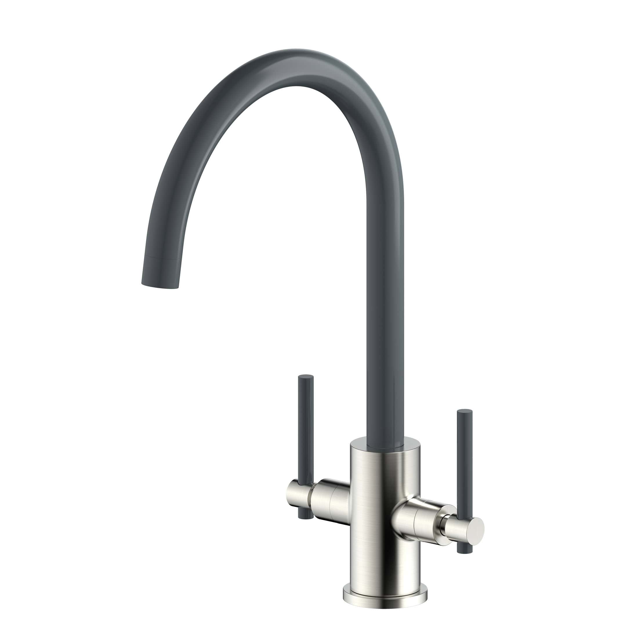 Sleek modern kitchen mixer tap in stainless steel and black, ideal for contemporary bathrooms and kitchens. Features dual handles for precise water control and durable construction.