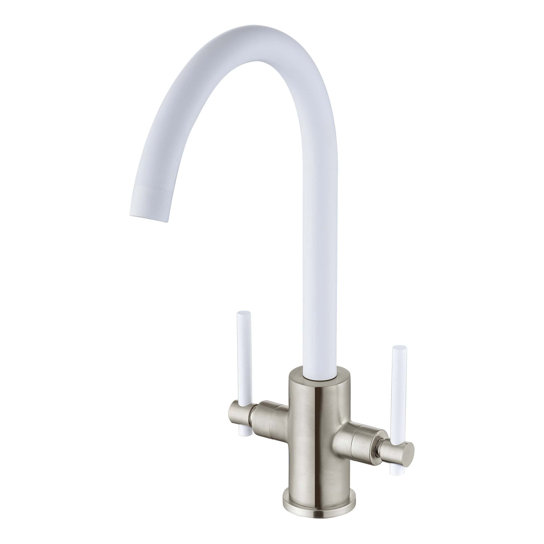 Sleek modern kitchen tap with dual handles and a high-arc spout, perfect for contemporary kitchens and bathroom sinks. Made from stainless steel with a white finish, offering style and durability.