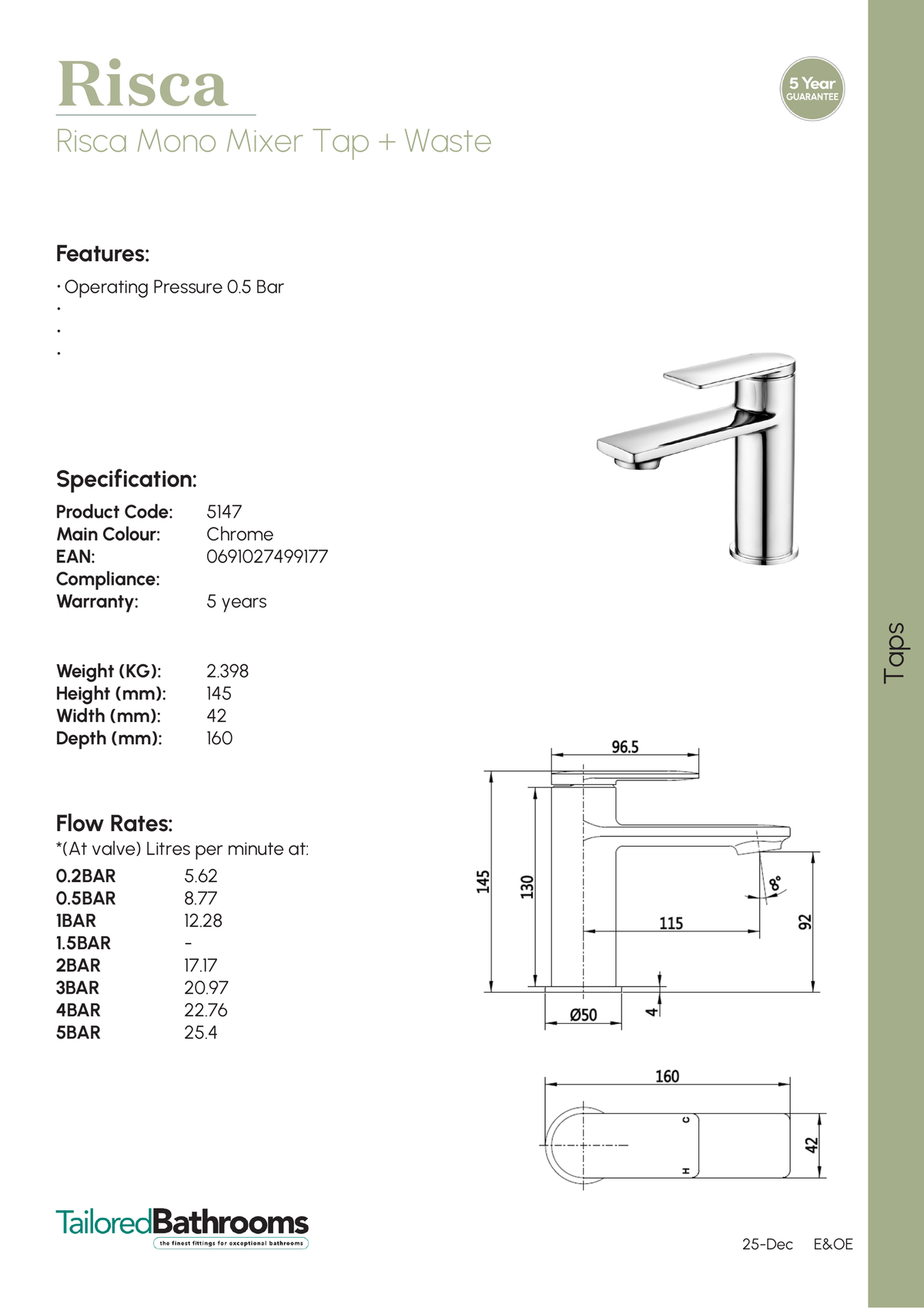 Tailored Risca Mono Basin Mixer Tap With Waste - specification sheet with technical drawing and dimensions