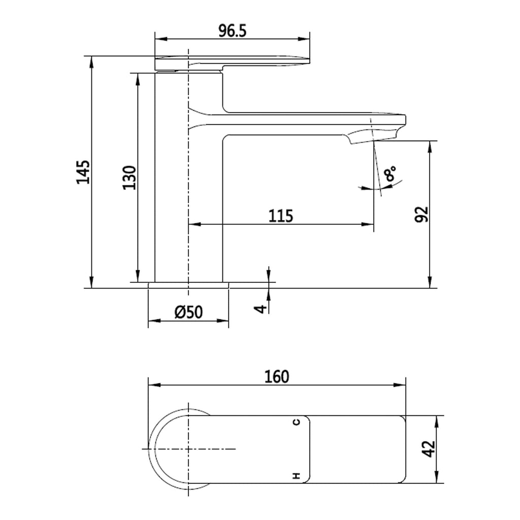 Sleek modern bathroom basin faucet with detailed technical drawing and precise measurements for installation and design. Perfect for contemporary bathroom remodels and plumbing projects.