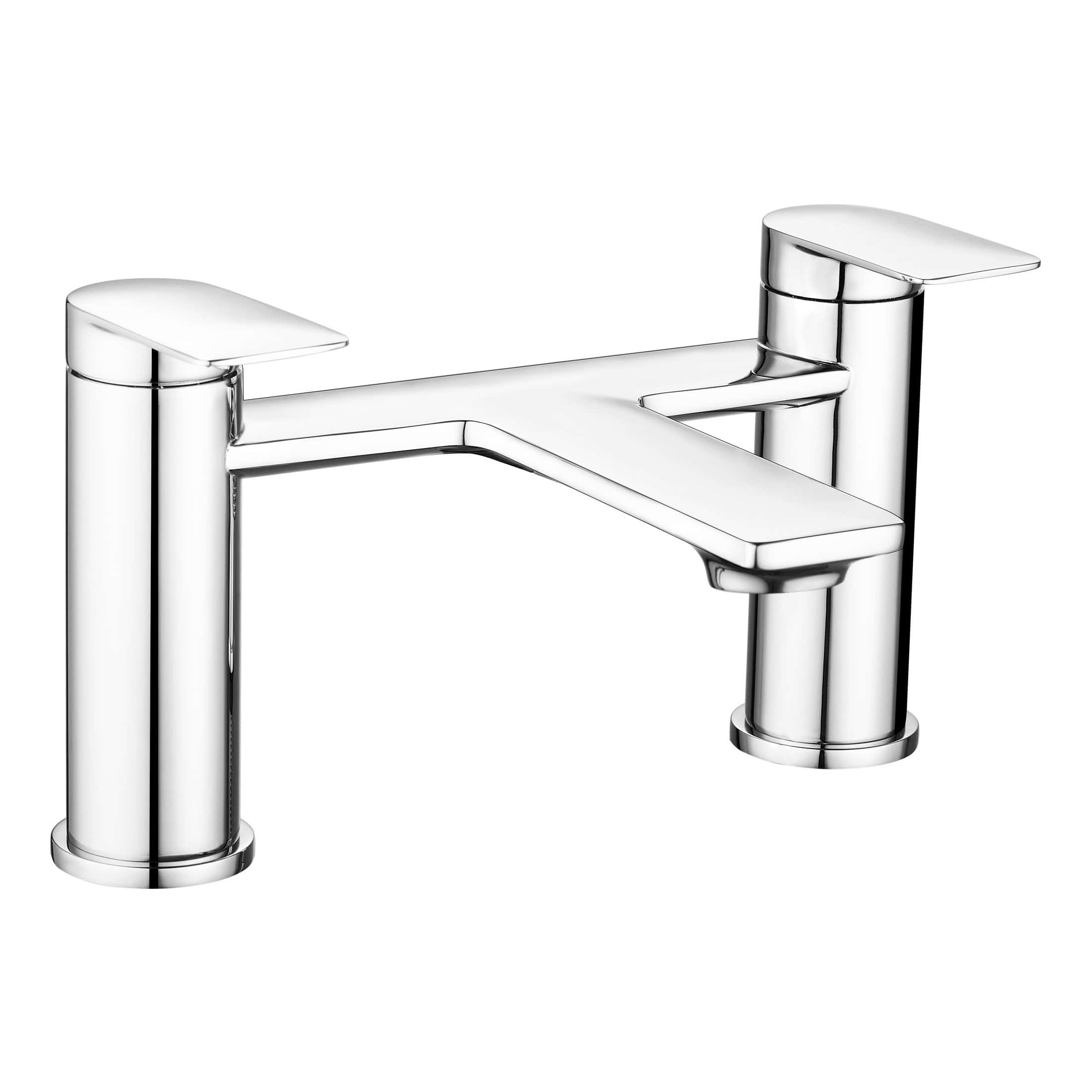 Chrome bathroom mixer tap with modern design and dual lever handles for easy temperature control, perfect for contemporary bathrooms.