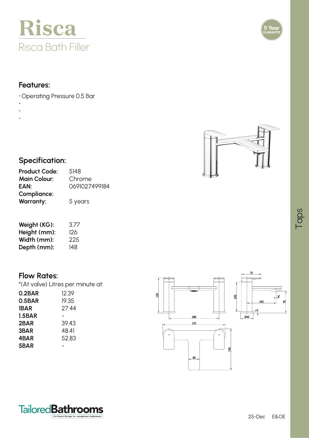 Tailored Risca Bath Filler Tap - specification sheet with technical drawing and dimensions