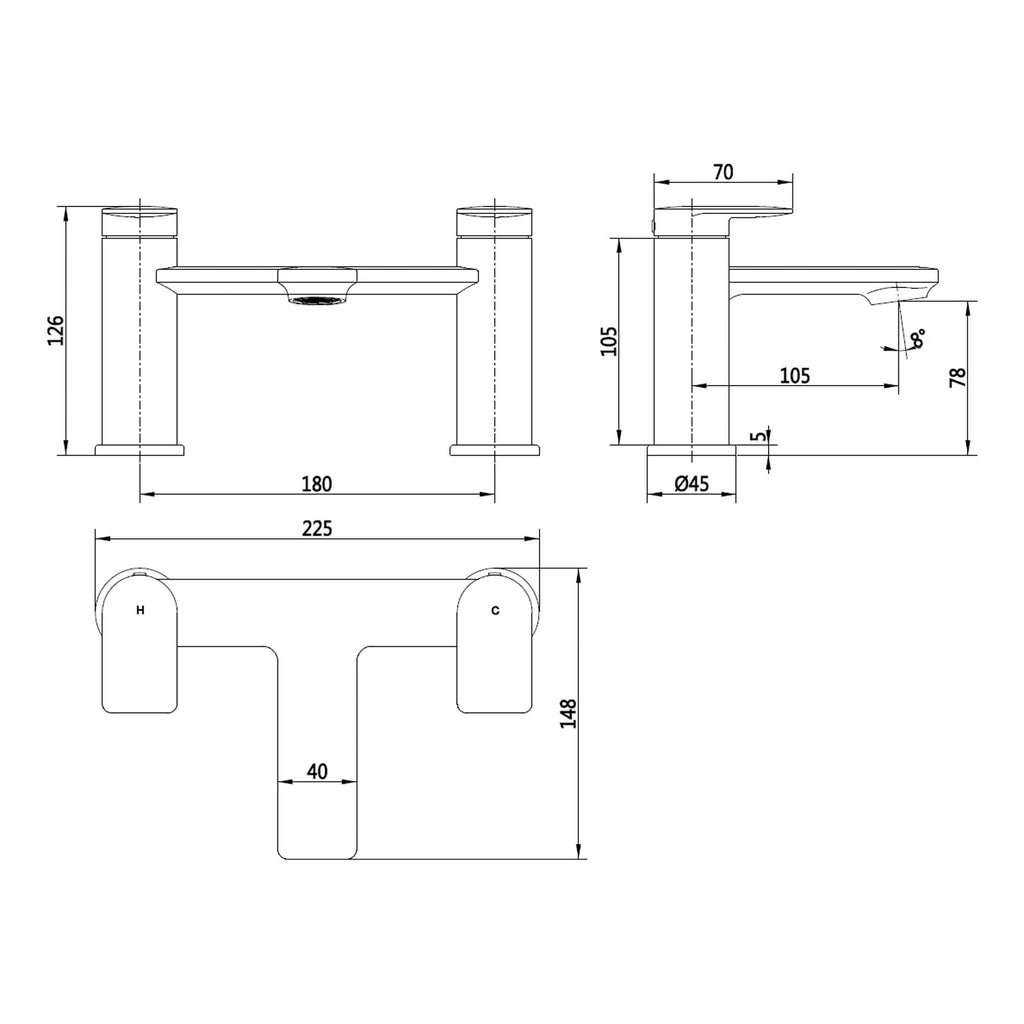 High-resolution technical drawing of a double-handle bathroom faucet with detailed dimensions for installation and design.