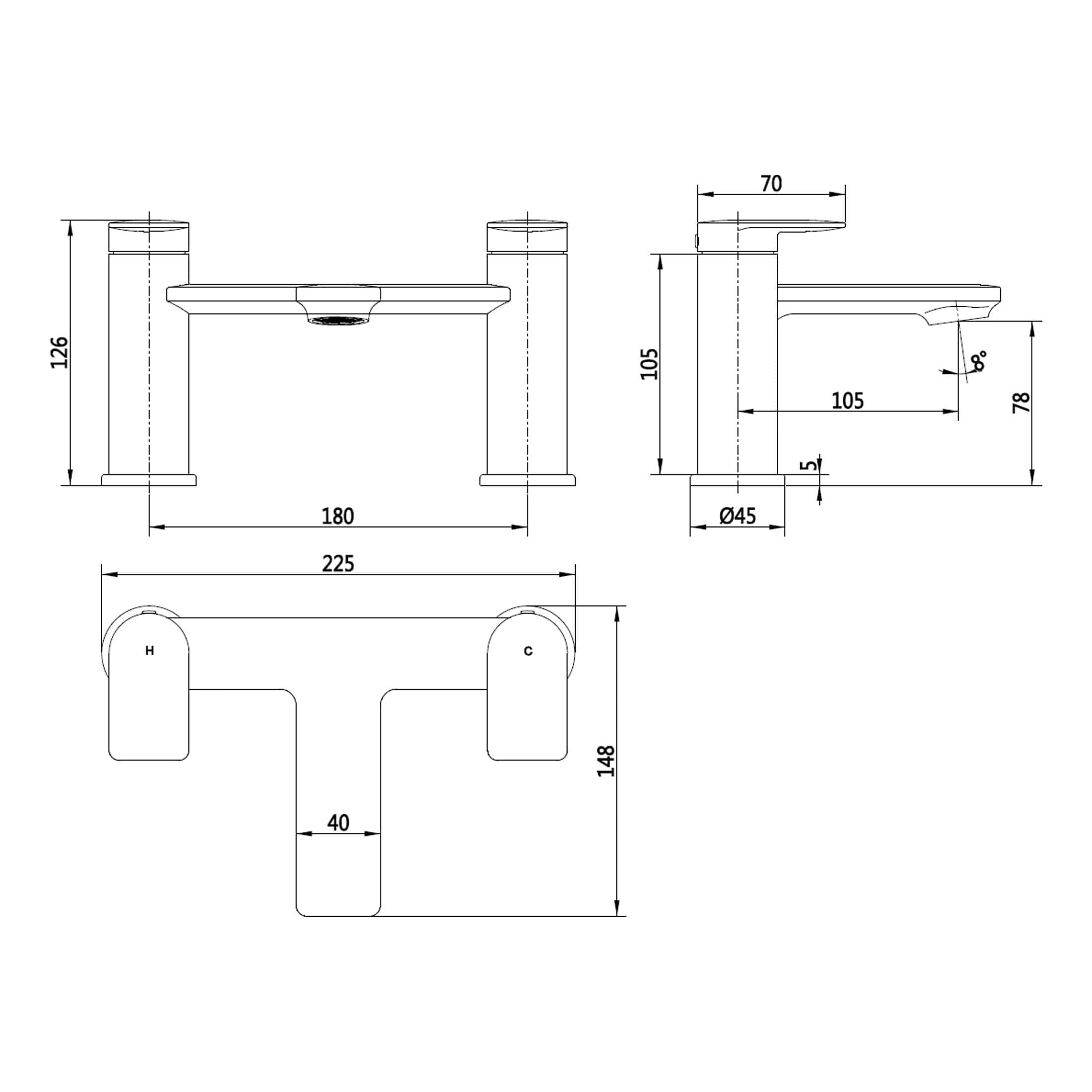 High-resolution technical drawing of a double-handle bathroom faucet with detailed dimensions for installation and design.