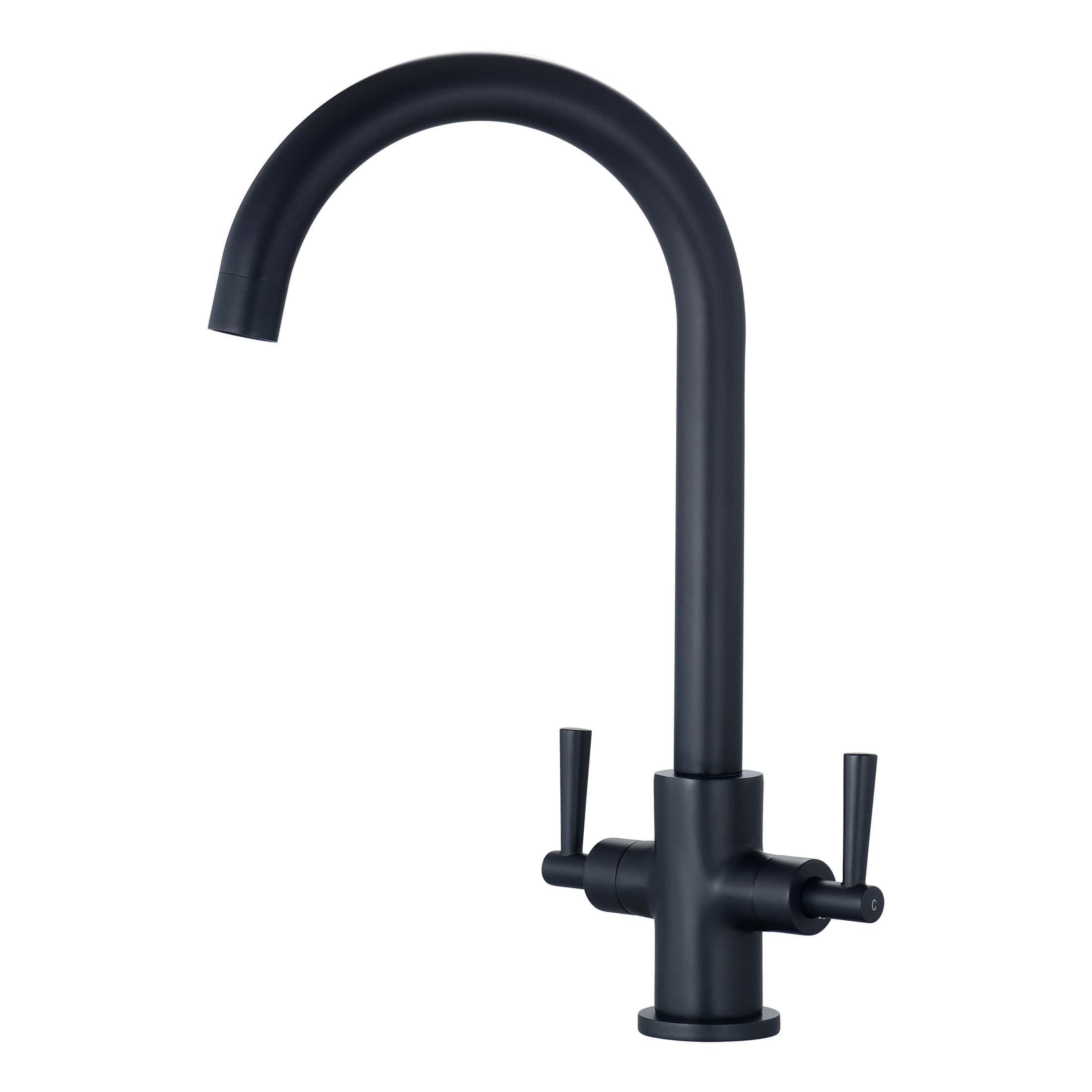 Modern black kitchen tap with high-arc spout and dual lever handles, ideal for contemporary bathroom or kitchen renovation projects.