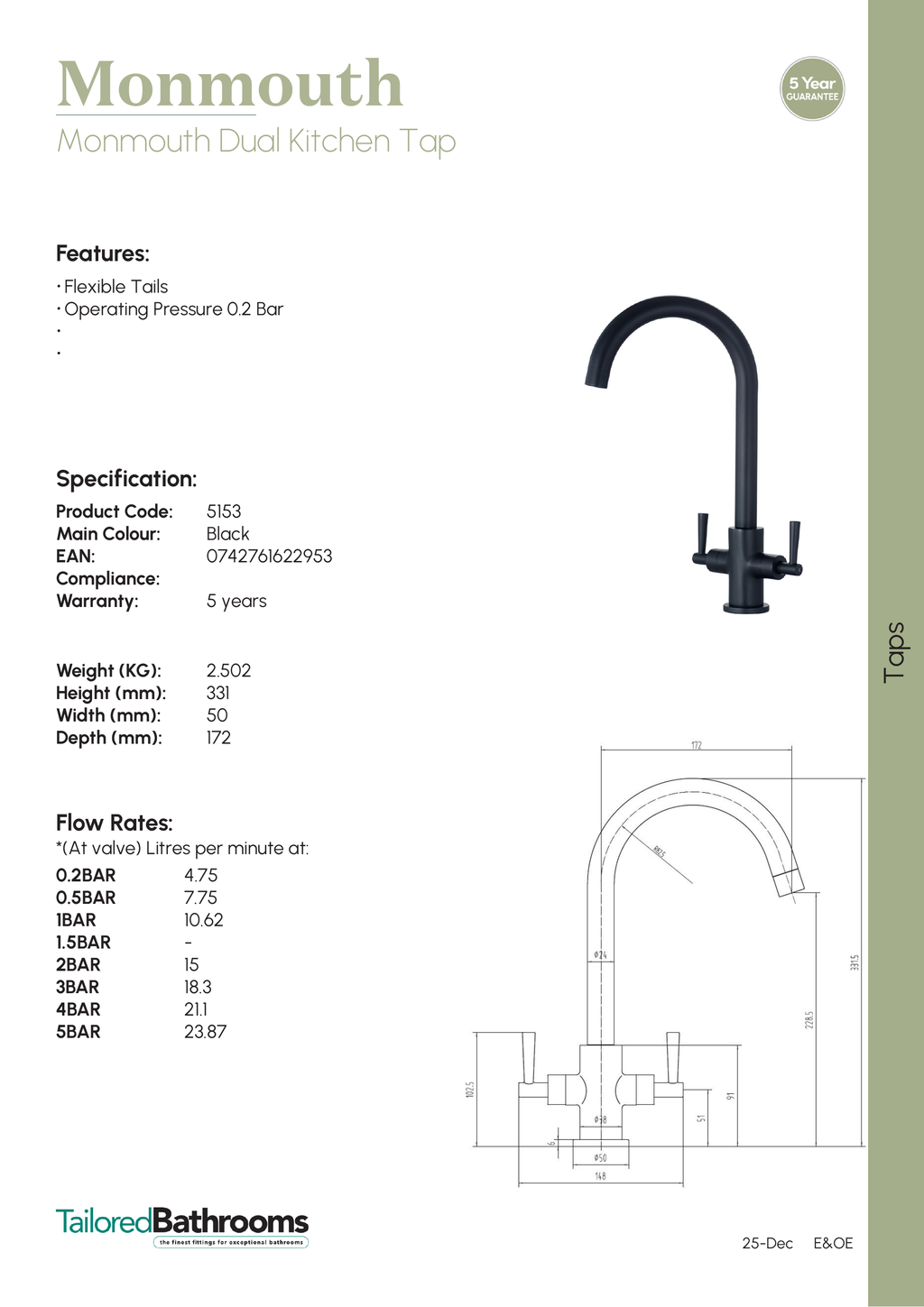 Tailored Monmouth Dual Lever Kitchen Mixer Tap - specification sheet with technical drawing and dimensions