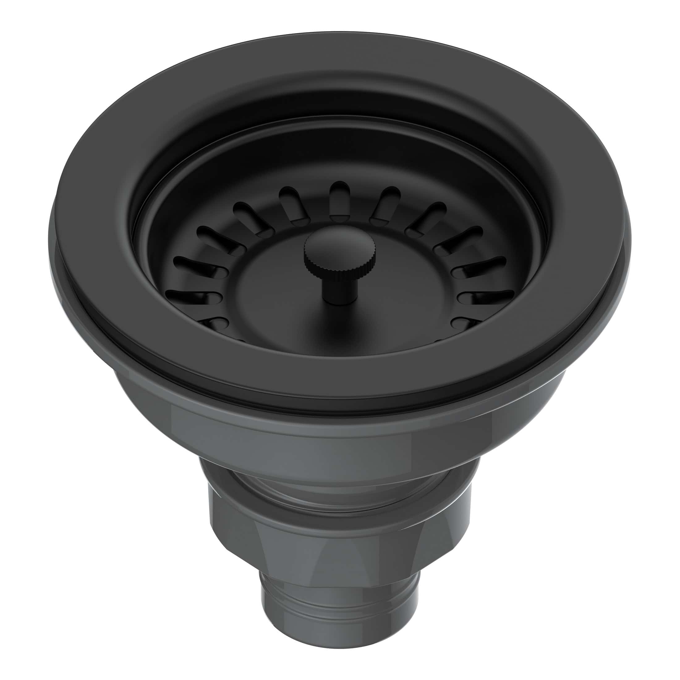 A black bathroom sink drain stopper with a modern, sleek design suitable for contemporary bathroom remodels and fixtures.
