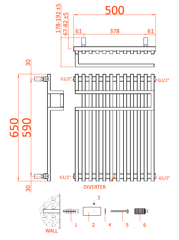 Reina Sori Anthracite Heated Towel Rail - technical drawing with dimensions