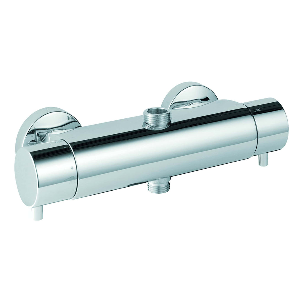 Smooth chrome thermostatic shower valve for modern bathrooms, featuring dual controls for hot and cold water, with easy installation and sleek design.