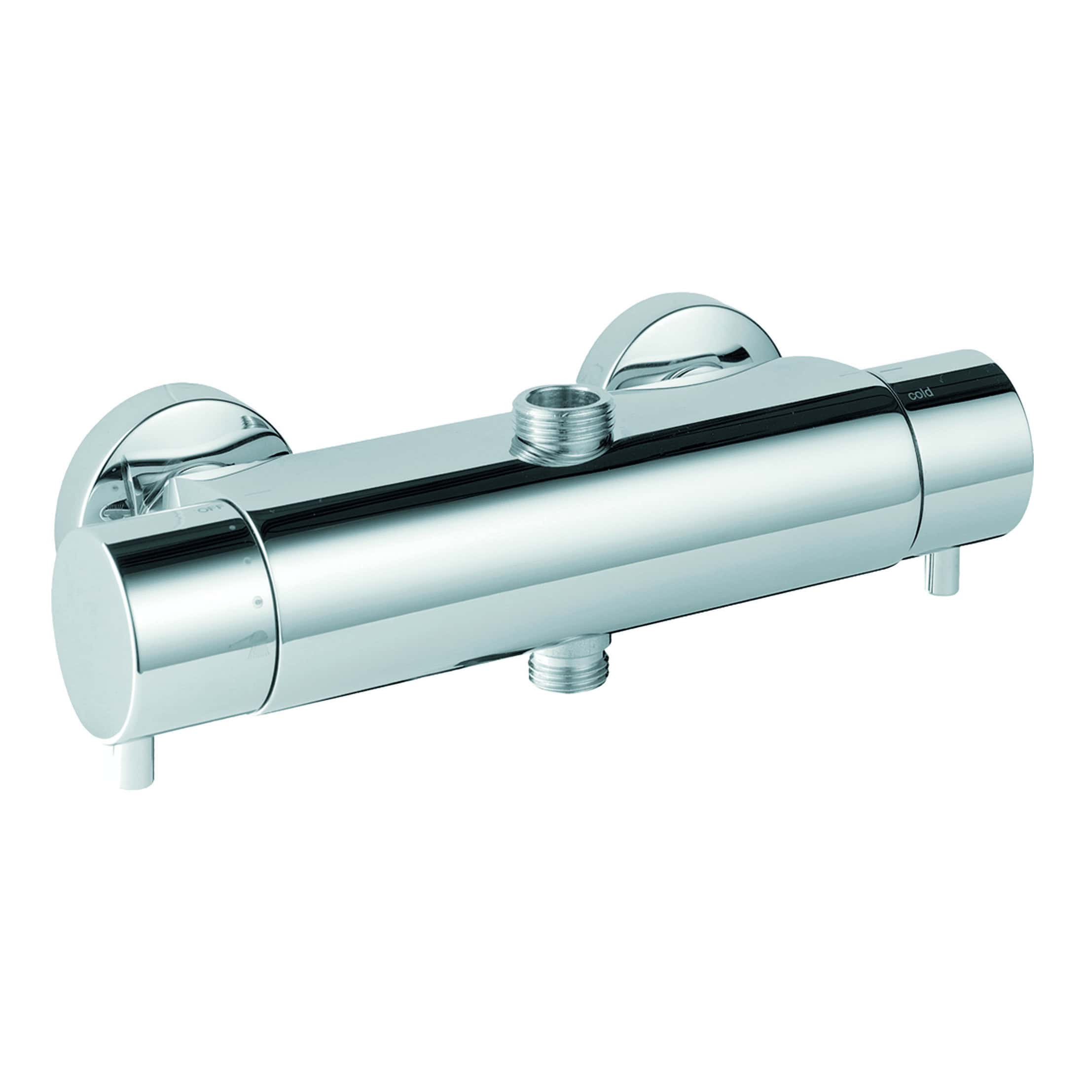 Smooth chrome thermostatic shower valve for modern bathrooms, featuring dual controls for hot and cold water, with easy installation and sleek design.