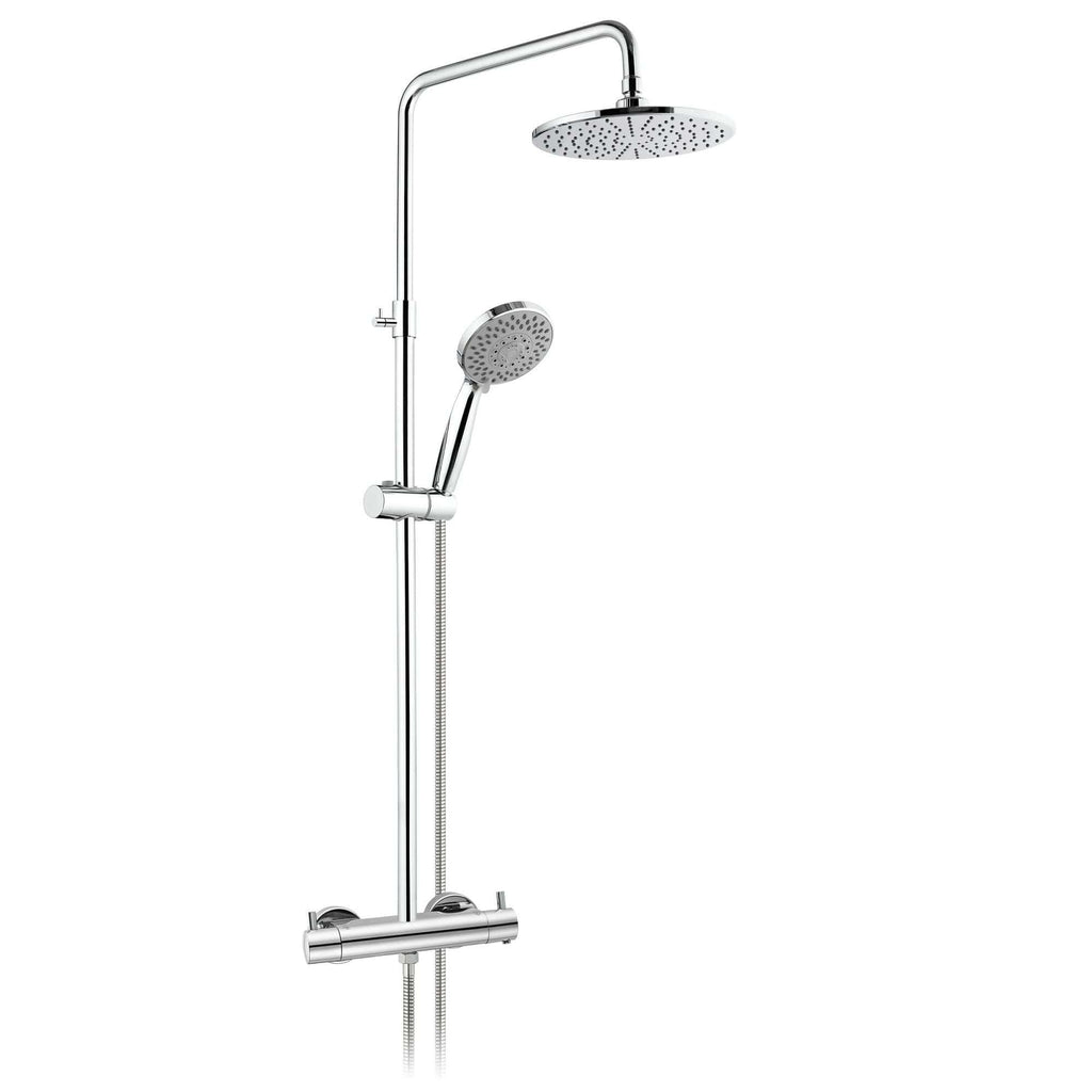 Elegant chrome shower system with overhead rain shower and adjustable handheld shower for luxurious bathroom bathroom upgrade.