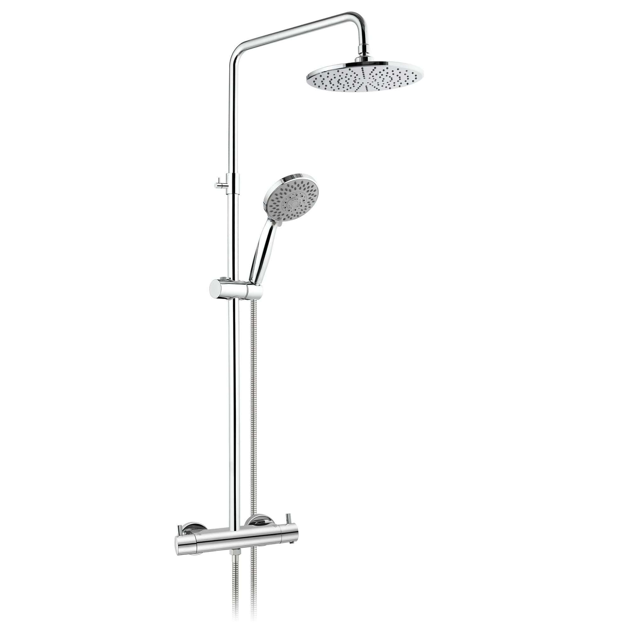 Elegant chrome shower system with overhead rain shower and adjustable handheld shower for luxurious bathroom bathroom upgrade.