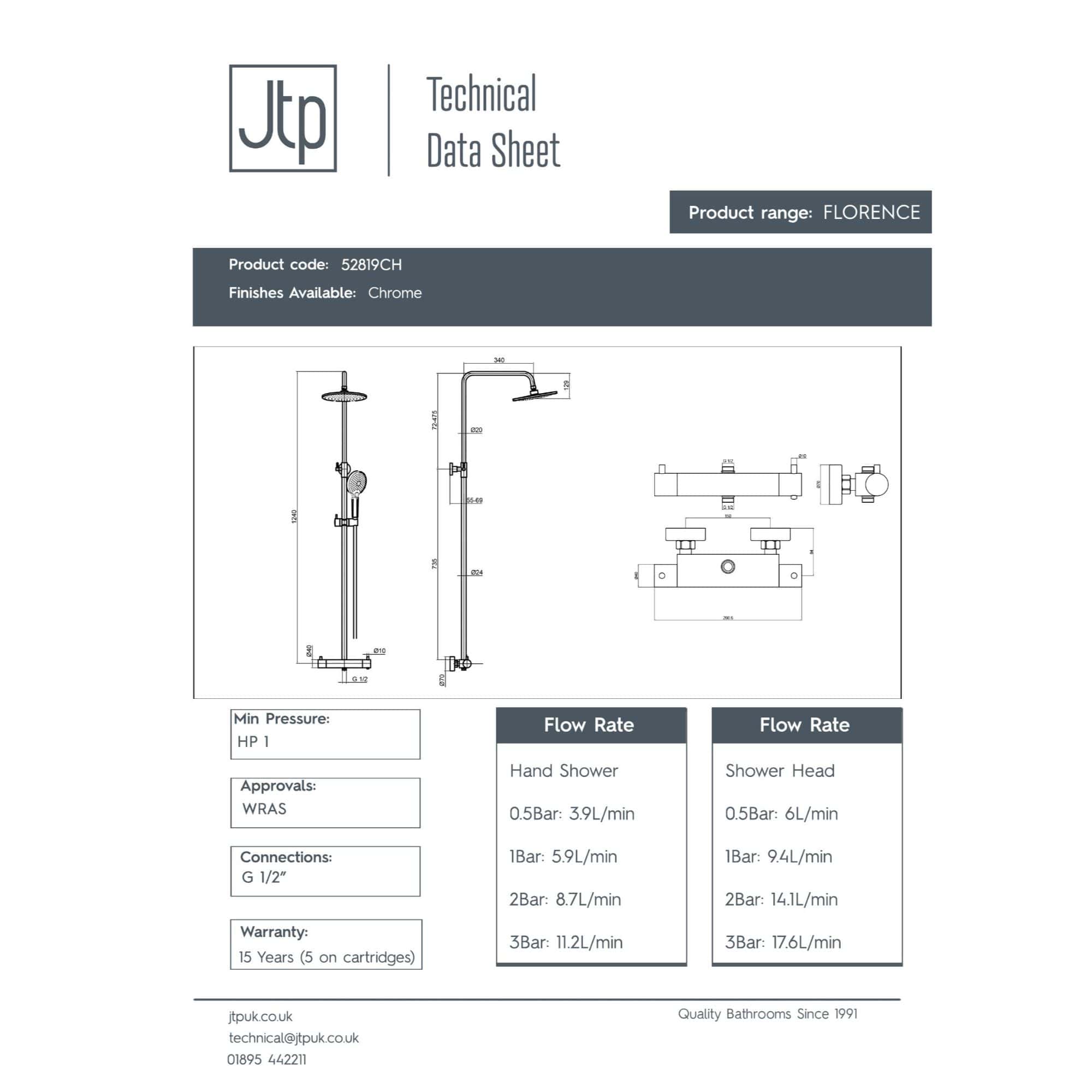 Chrome-finished Bubly Bathrooms shower system with overhead and handheld shower heads, ideal for modern bathrooms, featuring adjustable flow rates and durable G 1/2" connections.