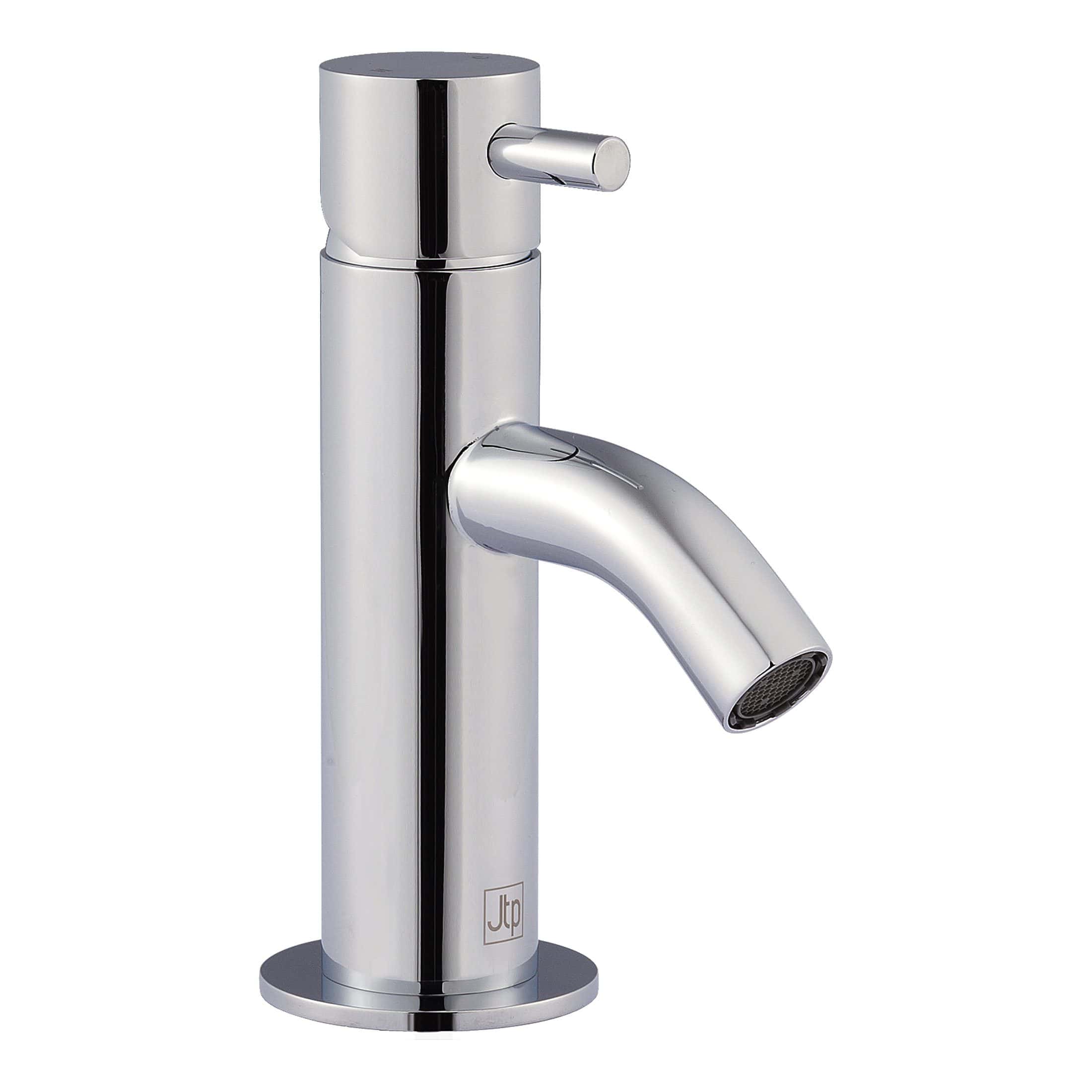 Sleek modern chrome bathroom tap with a cylindrical design, single handle for easy use, ideal for stylish bathroom or kitchen upgrades, durable and corrosion-resistant.