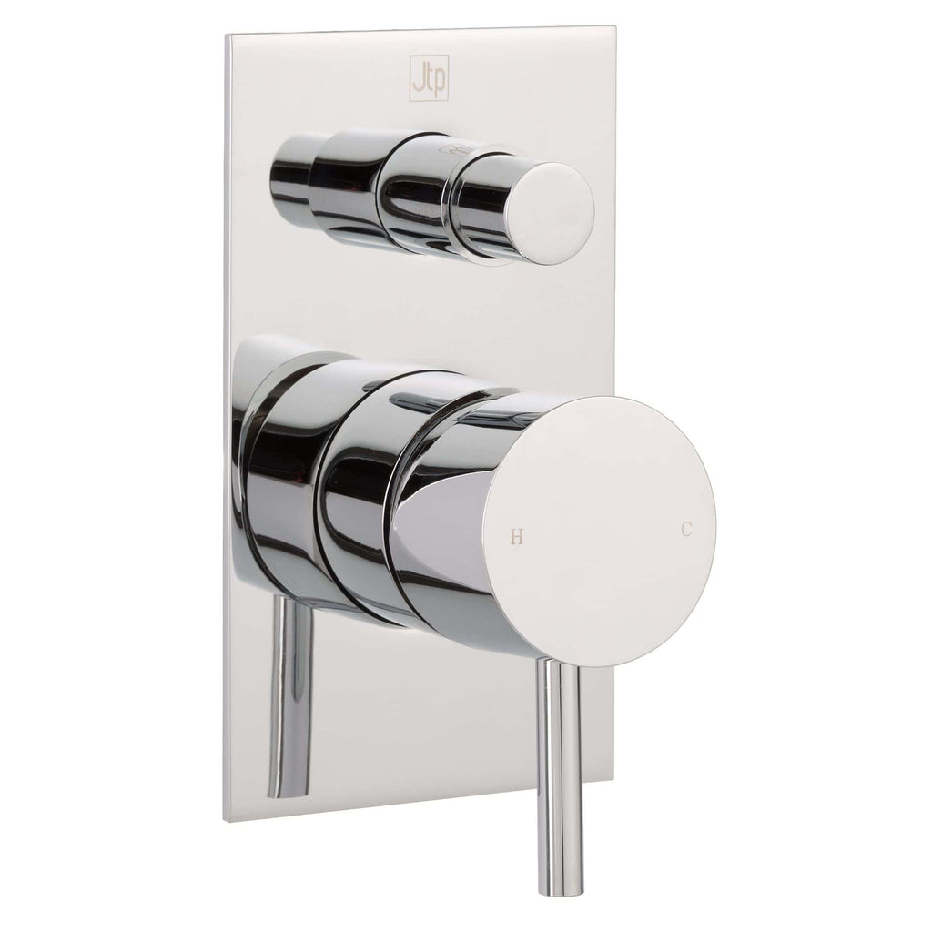 Brass shower mixing valve with chrome finish, modern bathroom tap control for hot and cold water. Perfect for luxury bathroom renovations and shower installations.