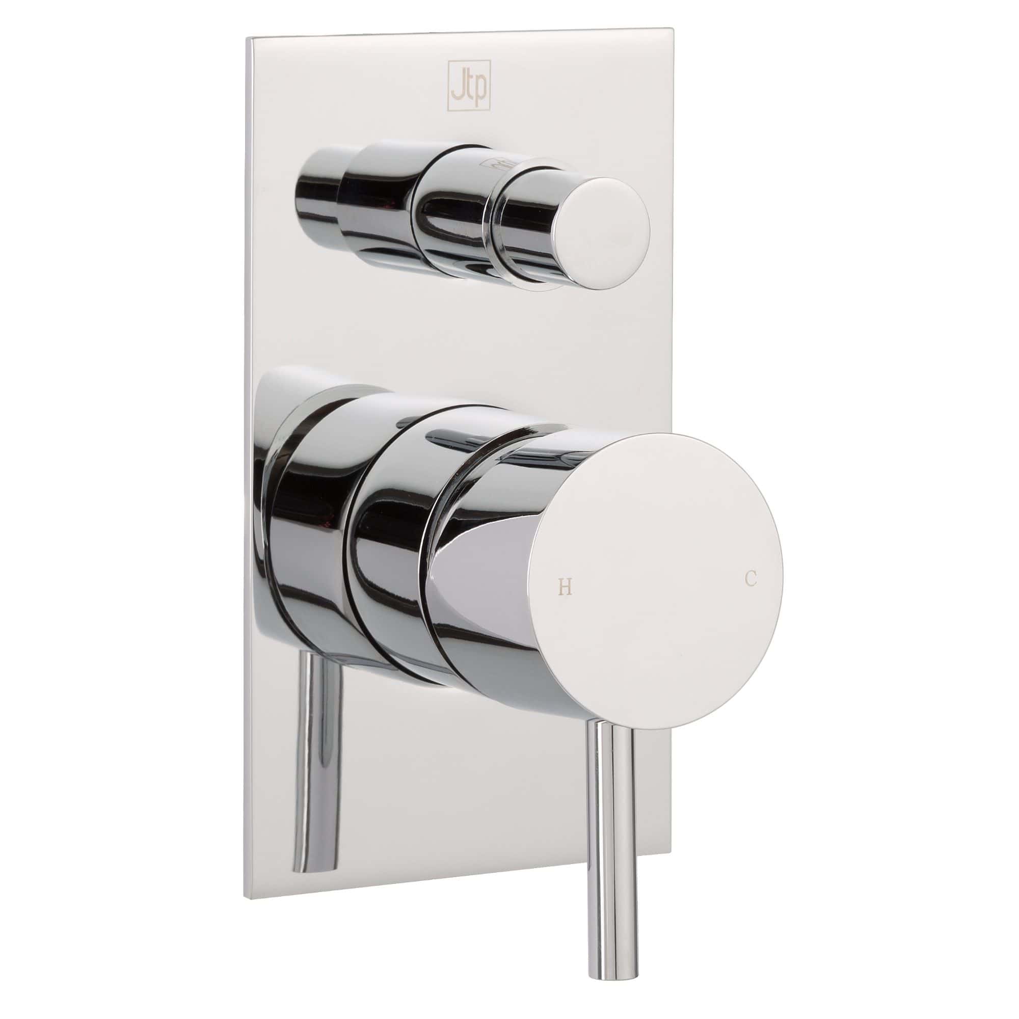 Brass shower mixing valve with chrome finish, modern bathroom tap control for hot and cold water. Perfect for luxury bathroom renovations and shower installations.