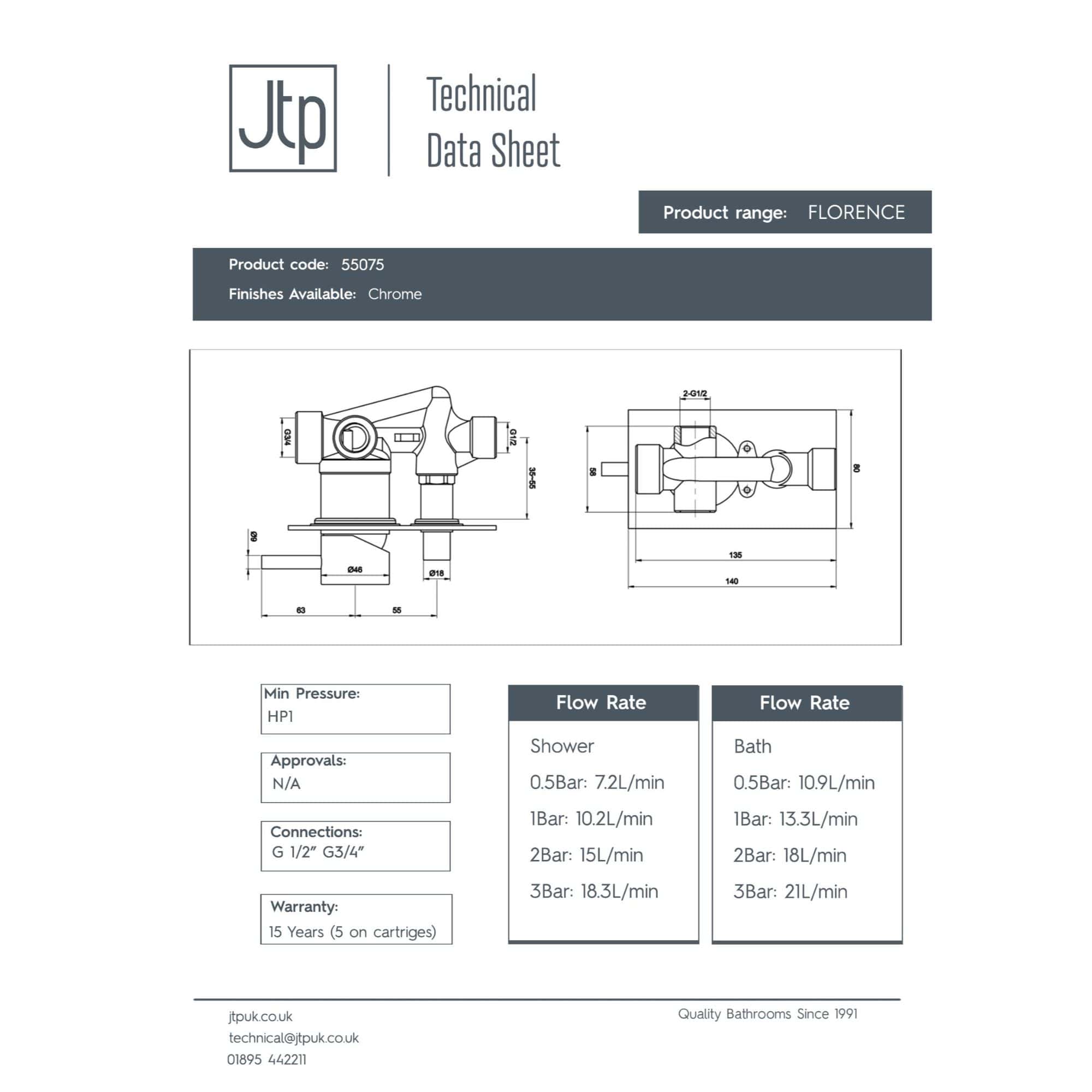 Floating bathroom tap with chrome finish, designed for shower and bath installations, featuring precise technical measurements and durable connections for stylish and reliable bathroom plumbing.