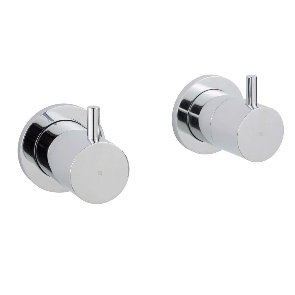 Shower thermostatic control valves in chrome finish for precise hot and cold water temperature regulation, ideal for modern bathroom installations.