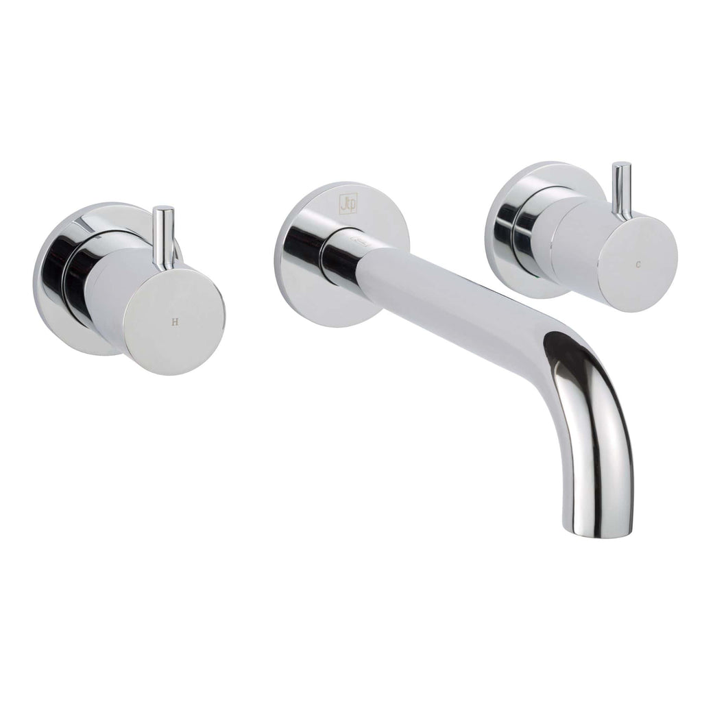 Sleek chrome bathroom tap with dual control handles and a modern spout, ideal for contemporary bathrooms. Durable, stylish design for hassle-free water temperature adjustment.