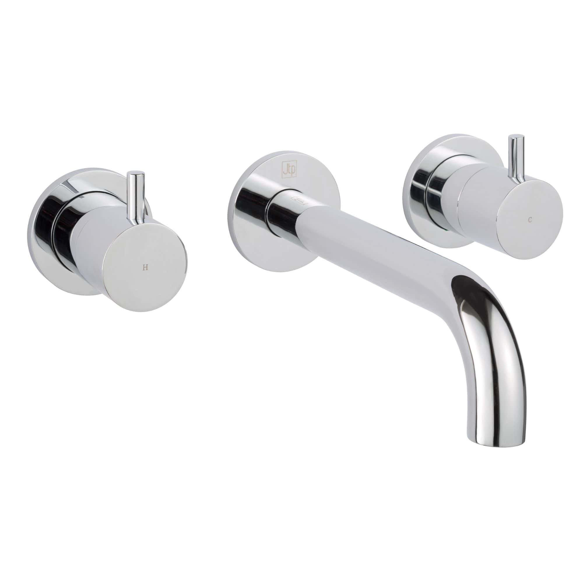 Sleek chrome bathroom tap with dual control handles and a modern spout, ideal for contemporary bathrooms. Durable, stylish design for hassle-free water temperature adjustment.