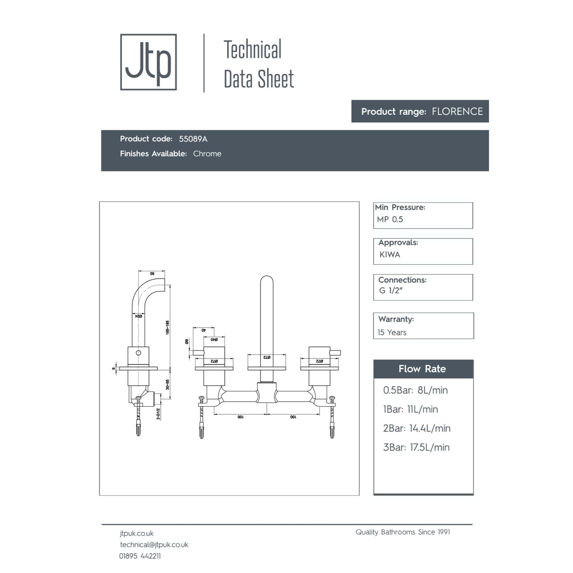 Modern bathroom mixer tap with chrome finish and detailed technical specifications, ideal for stylish and functional bathroom designs.