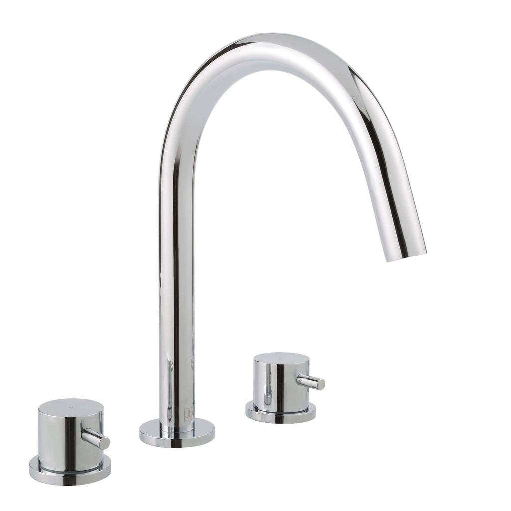 Sleek chrome kitchen tap with modern design, features a high-arc spout and easy-to-use control handles, ideal for contemporary bathroom or kitchen upgrades.