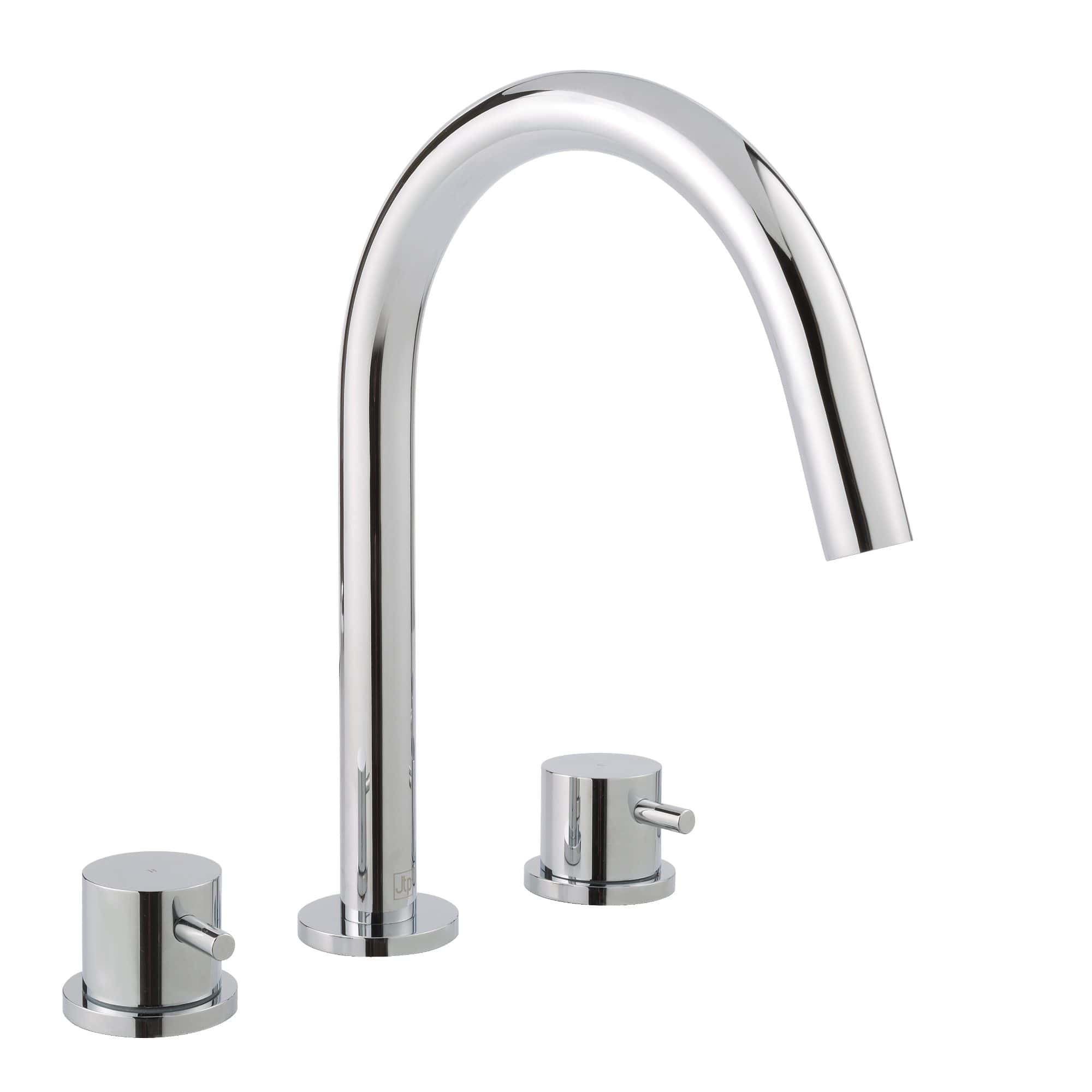 Sleek chrome kitchen tap with modern design, features a high-arc spout and easy-to-use control handles, ideal for contemporary bathroom or kitchen upgrades.