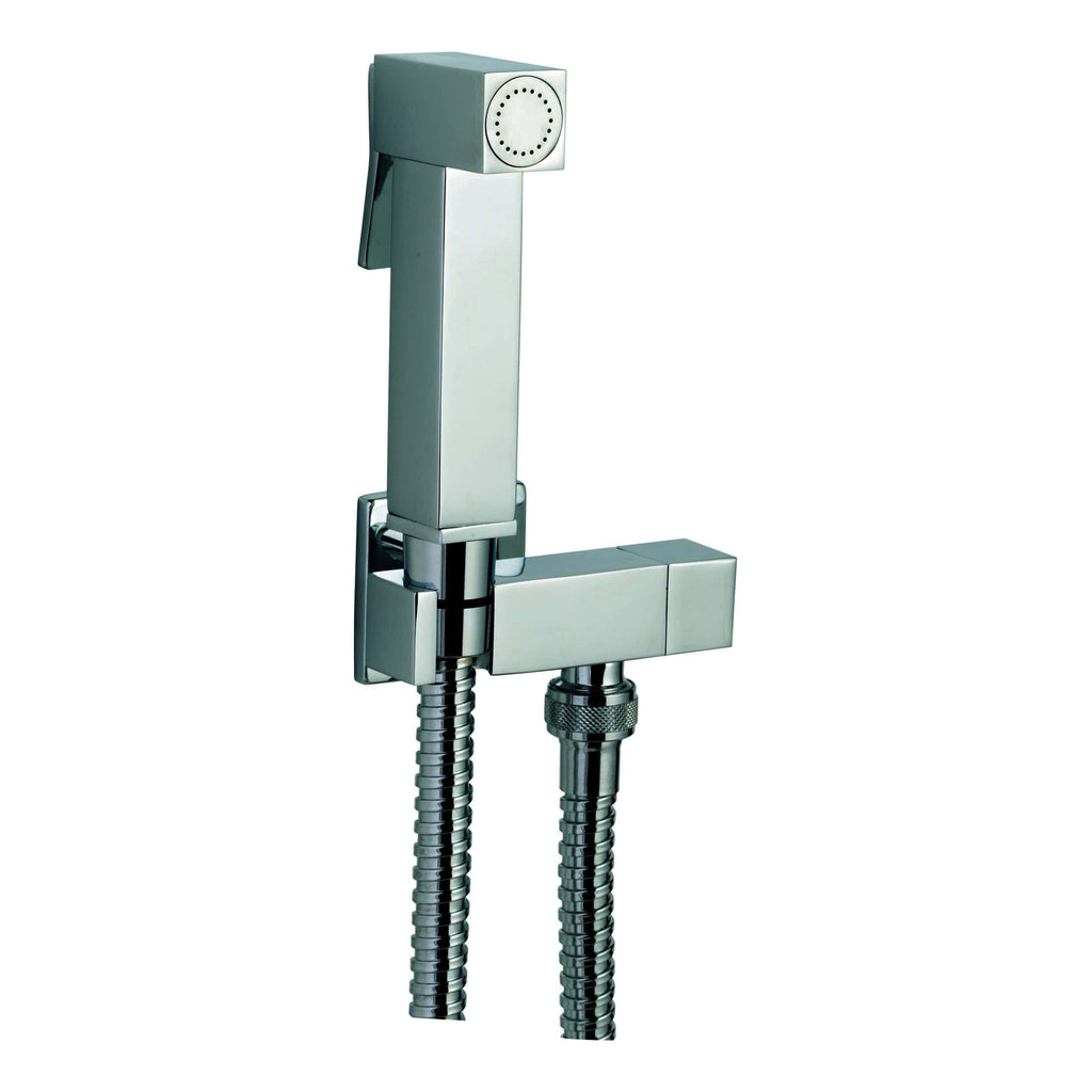 Elegant chrome bathroom bidet spray with flexible hoses and ergonomic design, ideal for modern bathroom fixtures and hygiene routines.
